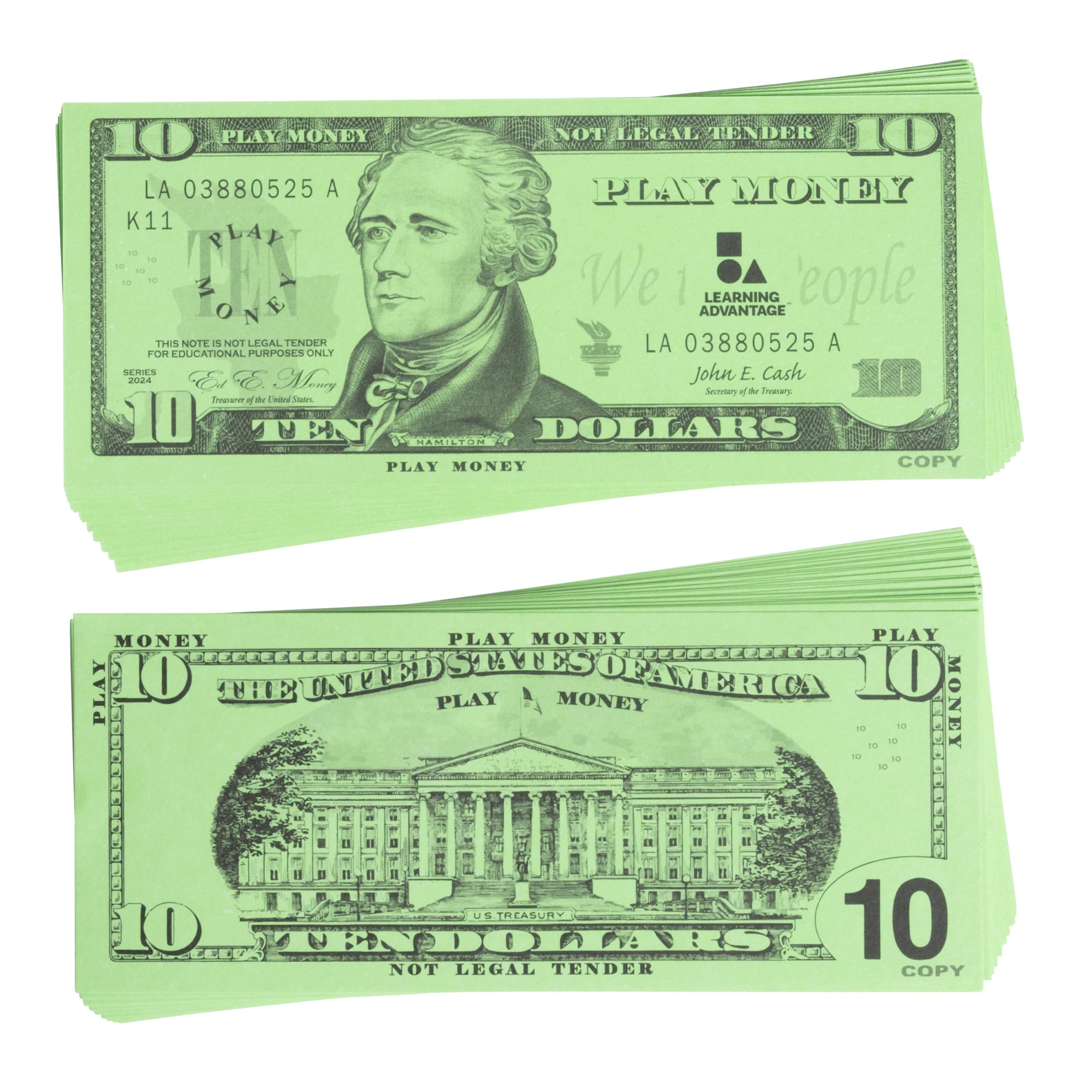 LEARNING ADVANTAGE Ten Dollar Play Bills - Set of 100 $10 Paper Bills - Designed and Sized Like Real US Currency - Teach Currency, Counting and Math with Play Money