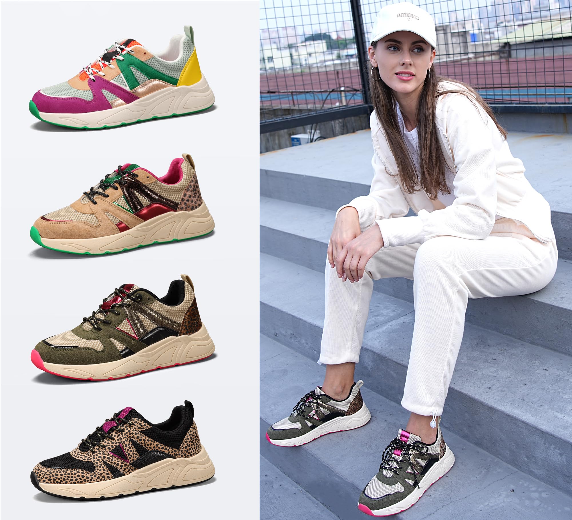 LUCKY STEP Damskie Sneakersy Platformowe Leopard Casual Tenisówki Kolorowe Chunky Buty Podróżne