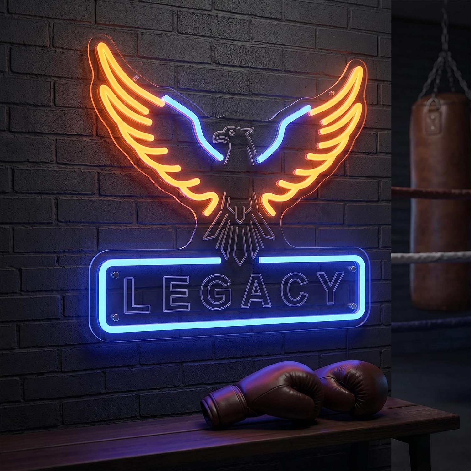 Boxing Neon Sign, Eagle LED Neon Light with "LEGACY" Text, 5-Level Dimmable Wall Decor for Home Gym, Boxing Club, Man Cave, 3-Button Control, Complete Hanging Kit Included