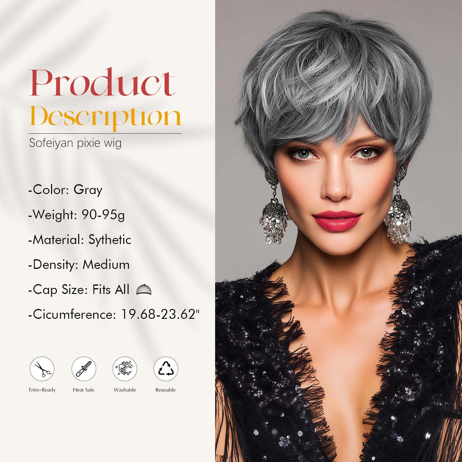 Sofeiyan Kurze Pixie-Cut-Perücke,Hitzebeständige und Natürlich Damen Perücken mit Pony,23 cm Grau Mehrschichtige Kunsthaarperücke,Geeignet für den Alltag und Partys