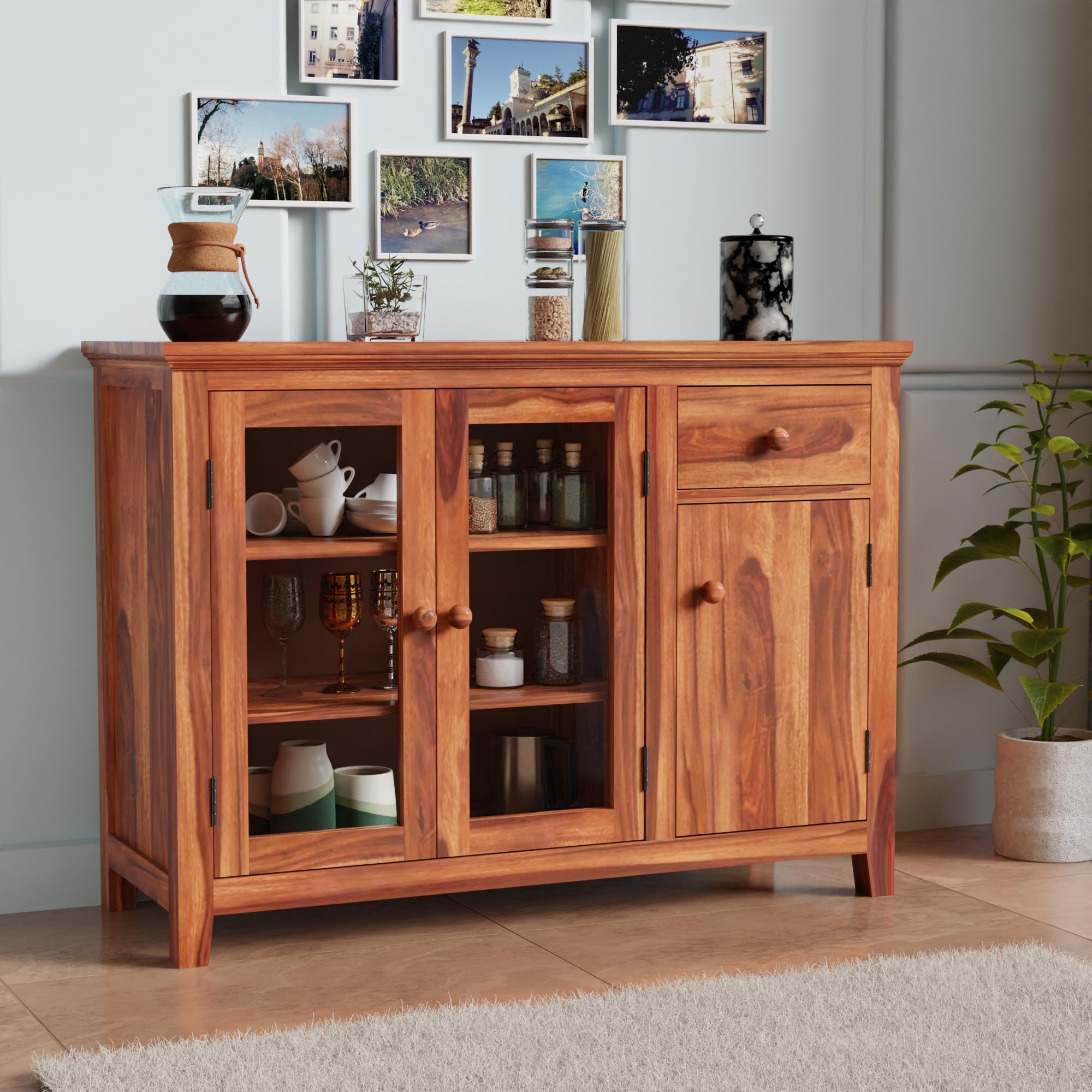 AMAZART FURNITURE Solid Sheesham Wood Sideboard Cabinet for Living Room | Crockery Cabinet with 2 Acrylic Glass Door | Kitchen Display Unit | 2 Acrylic Glass Doors, 1 Door Cabinet & 1 Drawer |Honey