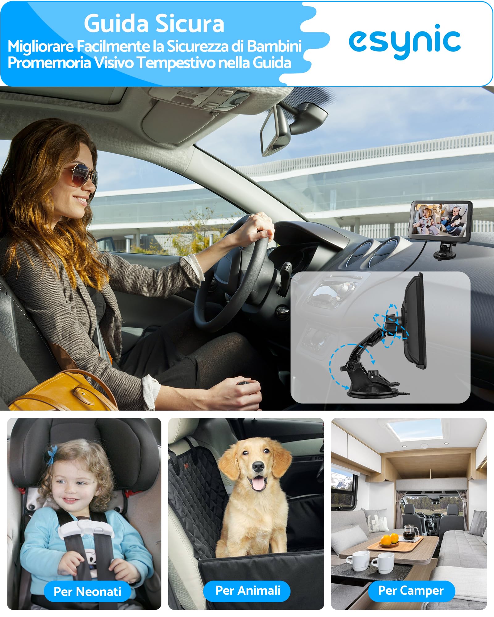 eSynic Baby Car Monitor con Doppia Telecamera 1080P Grandangolare 150°, 7'' Schermo IPS, Visione Notturna IR, Specchietto Retrovisore a Ventosa Controllo Bimbi, Alimentato da Accendisigari