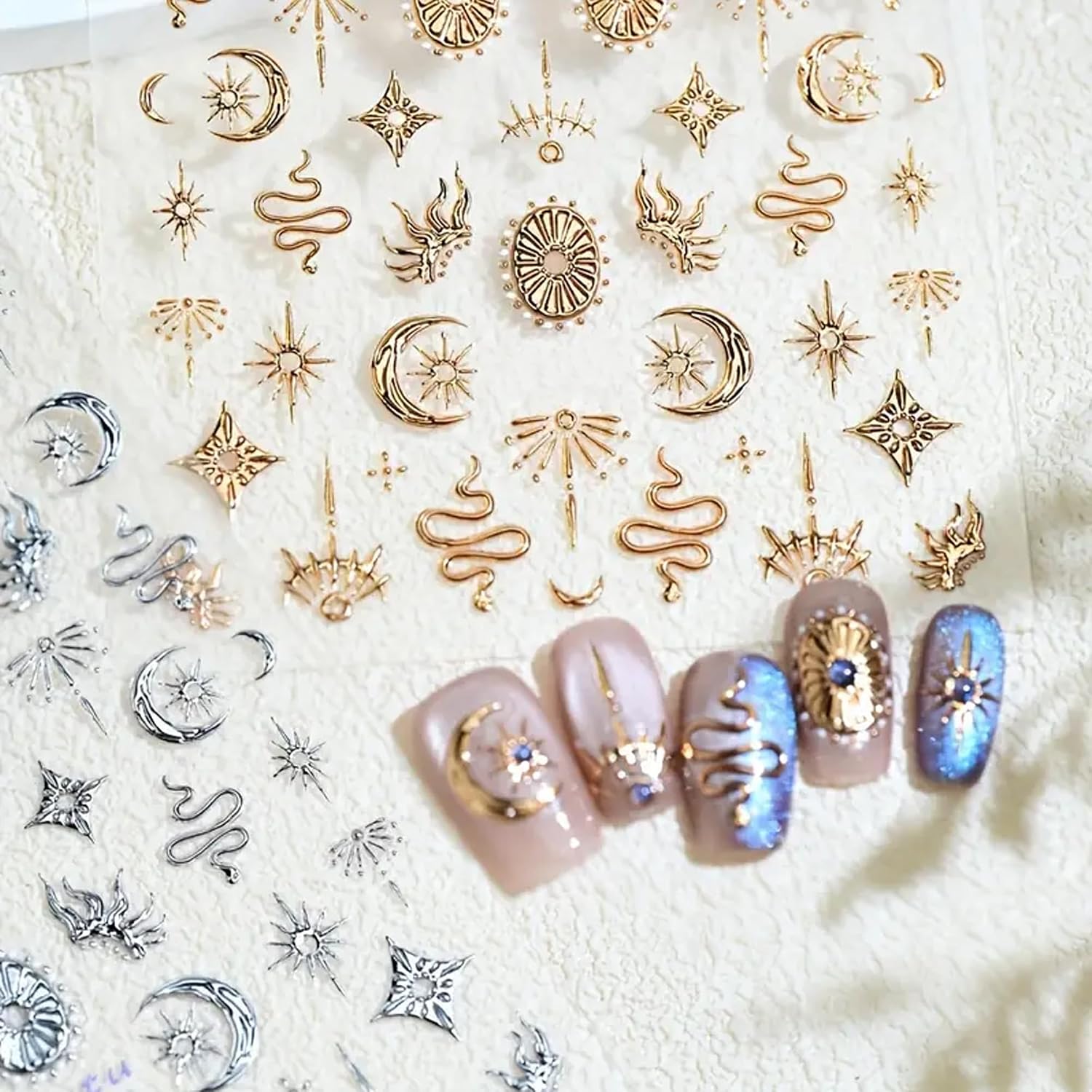 Bohemian Nail Stickers | Moon Star Snake Sticker for Nail Art | Gold Silver 5D Embossed Nail Art | Glitter Embossed Nail Decals Self-Adhesive | Stickers for DIY Nails Art Decoration