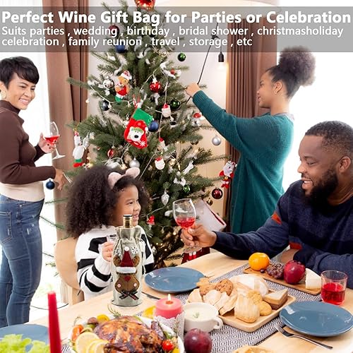 Miniatura 4 de 4 bolsas de arpillera para vino, fundas reutilizables para botellas de vino, bolsa de regalo de Papá Noel, muñeco de nieve, reno, con cordones,