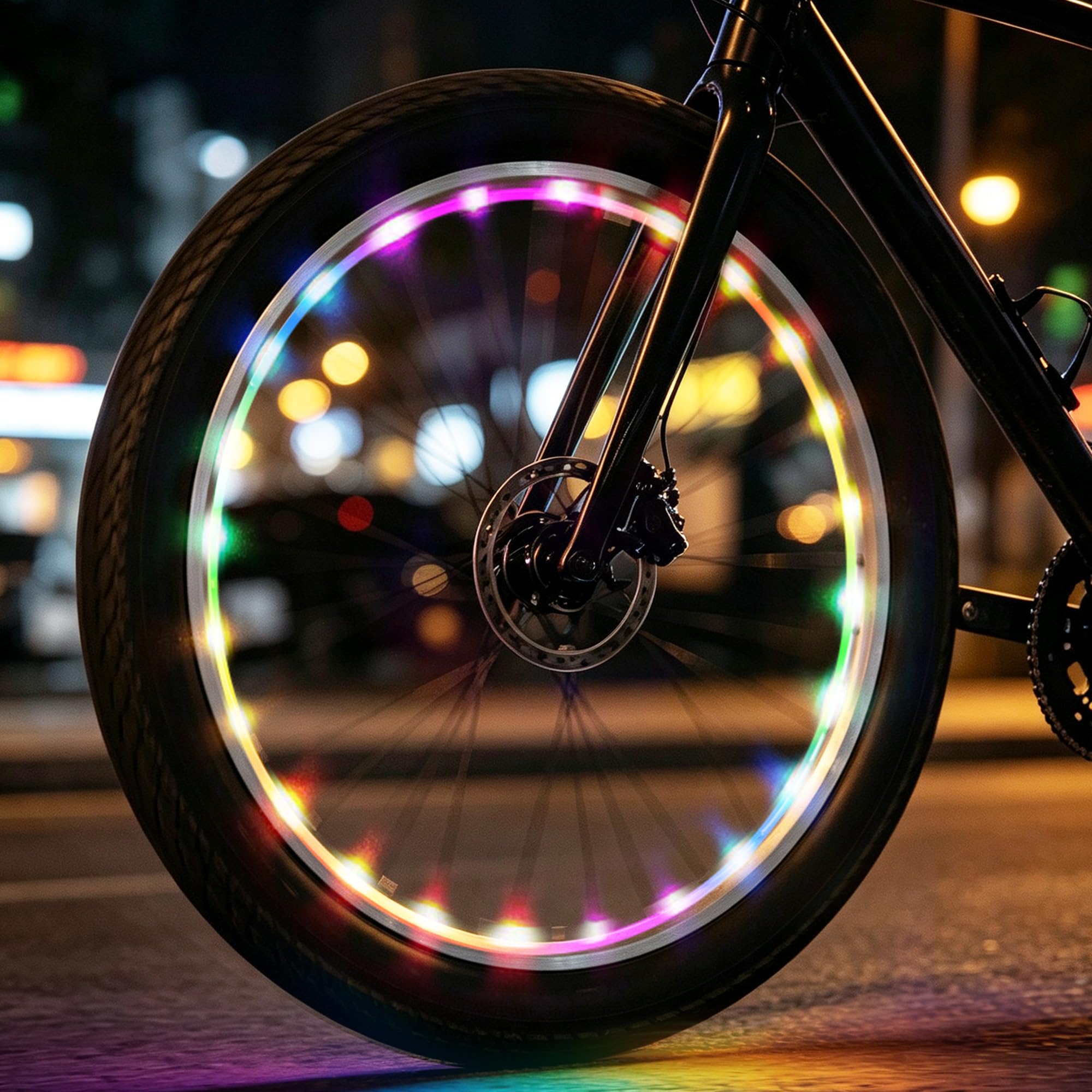 Lot de 2 lumières LED pour roue de vélo pour conduite de nuit (RGYB 4 couleurs) fixe | Lot de 2 éclairages LED, roue de vélo, visibilité nocturne, accessoire de vélo