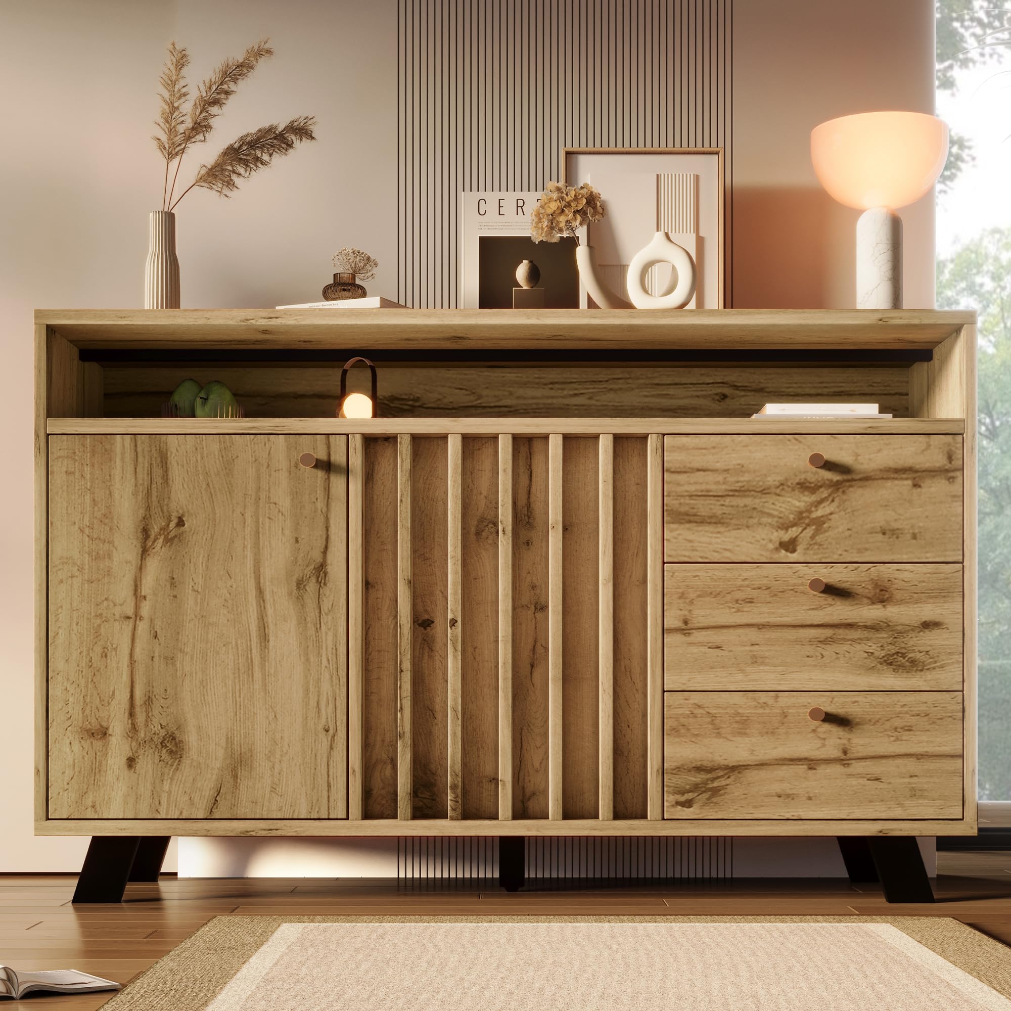 Soweiz Cómoda aparador de cristal ámbar, cómoda con 3 cajones, para salón, comedor, pasillo y entrada en roble oscuro, 120 x 40 x 85 cm (roble oscuro)