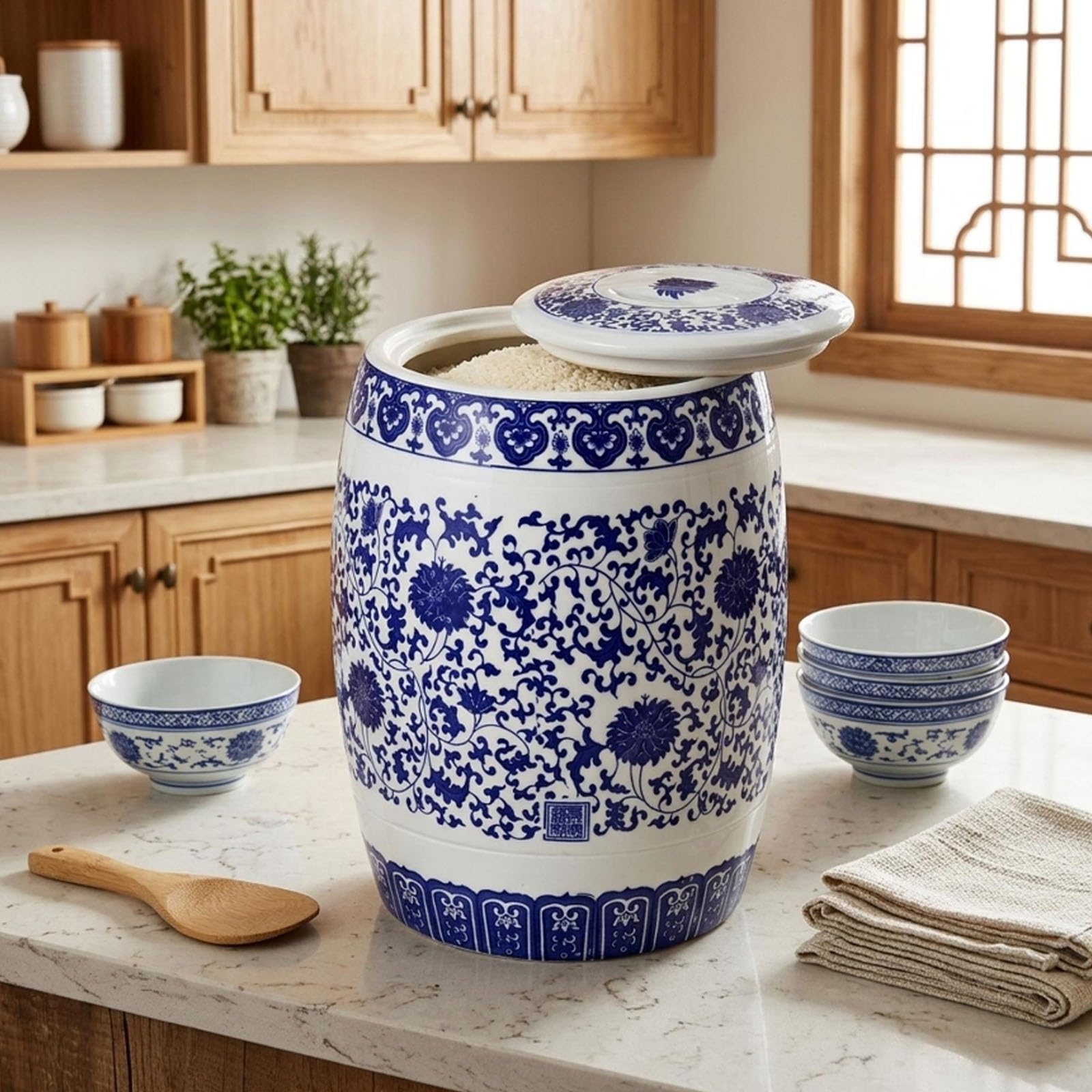Contenedor de Cerámica Azul y Blanco, Tarro de Porcelana para Organización de Casa y Cocina, Capacidad 10kg 15kg 25kg, Recipiente para Materiales Secos