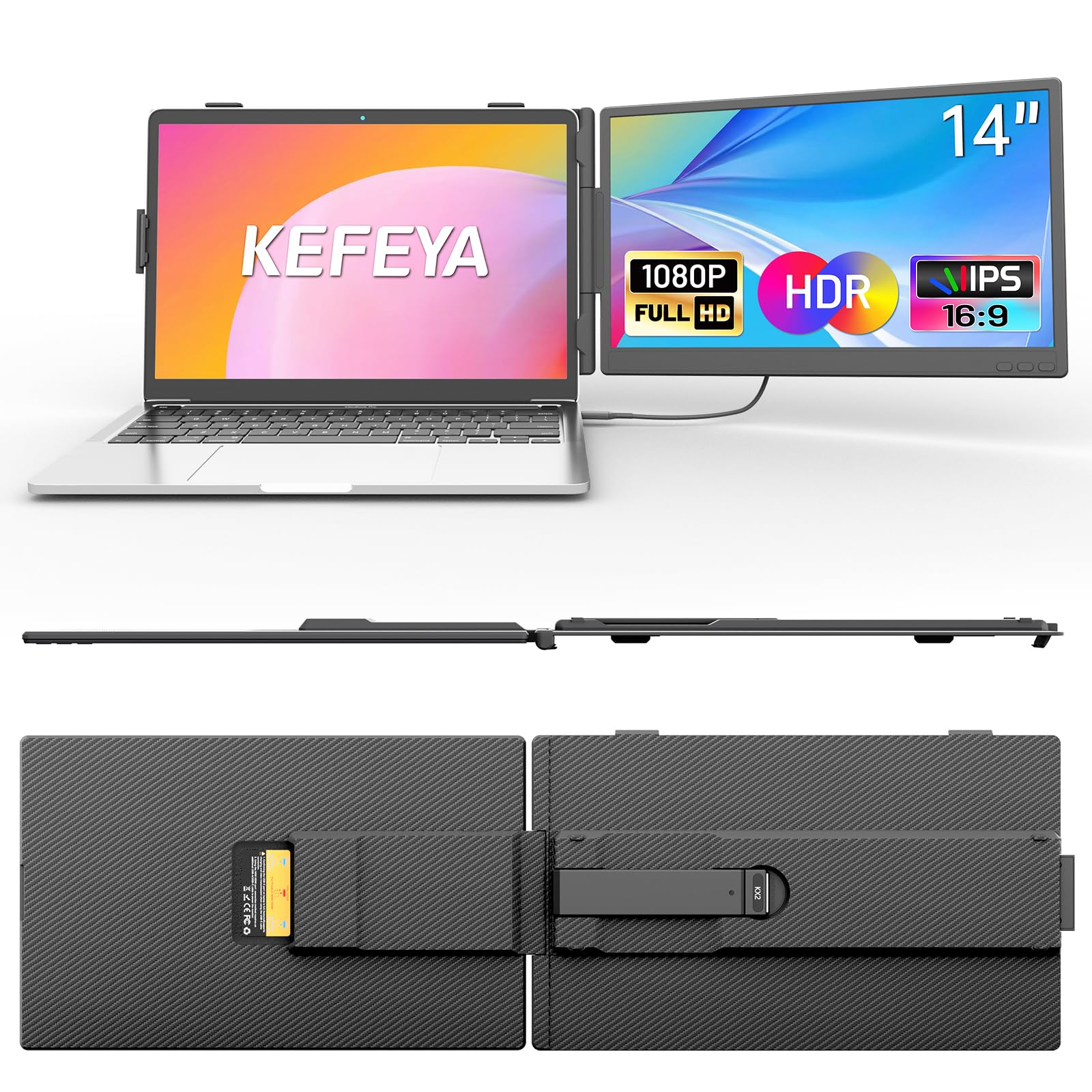 KEFEYA Laptop Bildschirm Erweiterung 14" FHD 1080P IPS Laptop Monitor Erweiterung Dual Screen Extender for Laptops 13-17" with USB-C/HDMI Port, Plug n Play for Windows/Mac/Android/ PS5