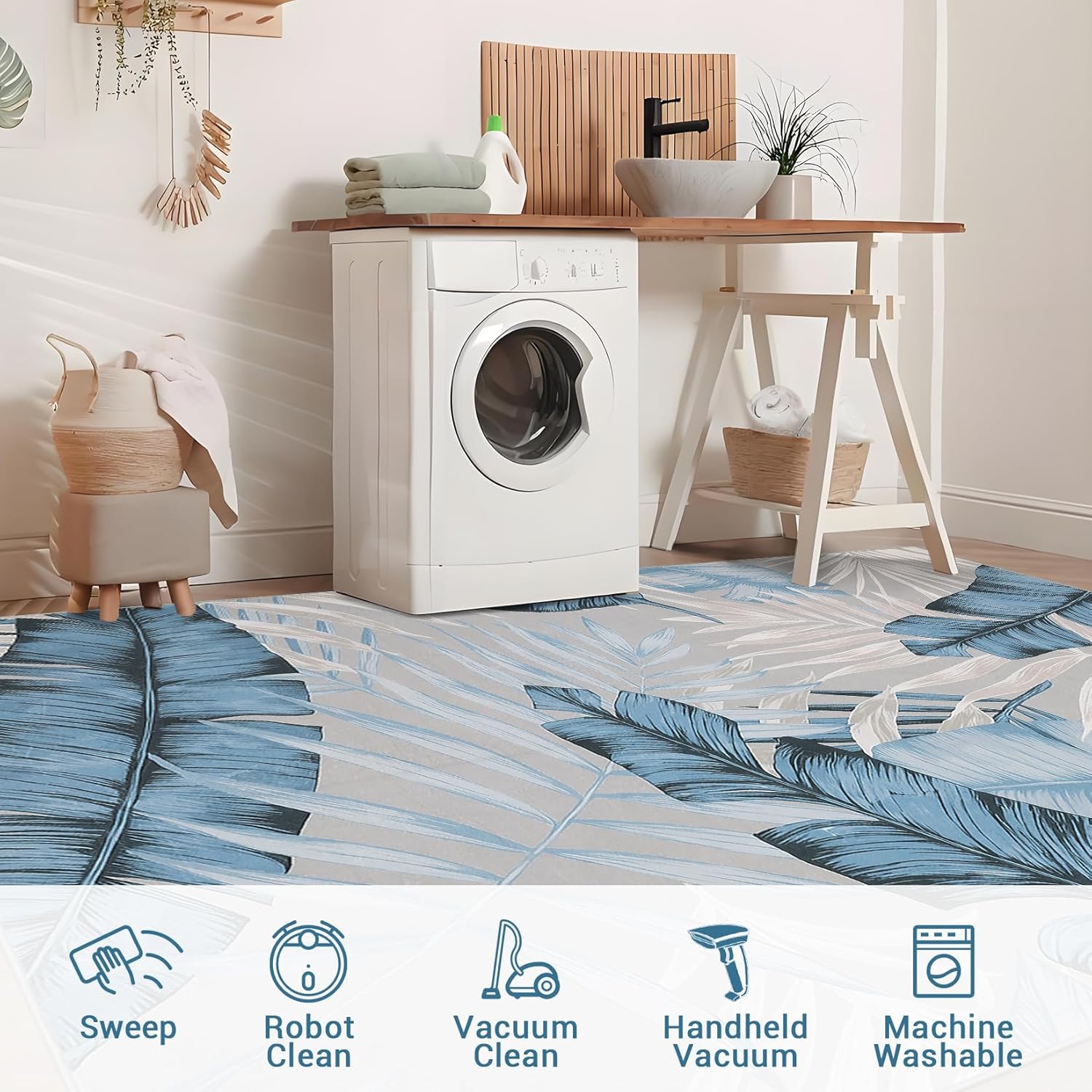 Area Rug 9x12 Blue Leave Rug Non Slip Washable Rug Tropical Plant Throw Rug Low Pile Soft Non Shedding Rug for Dining Room Living Room Bedroom, Blue