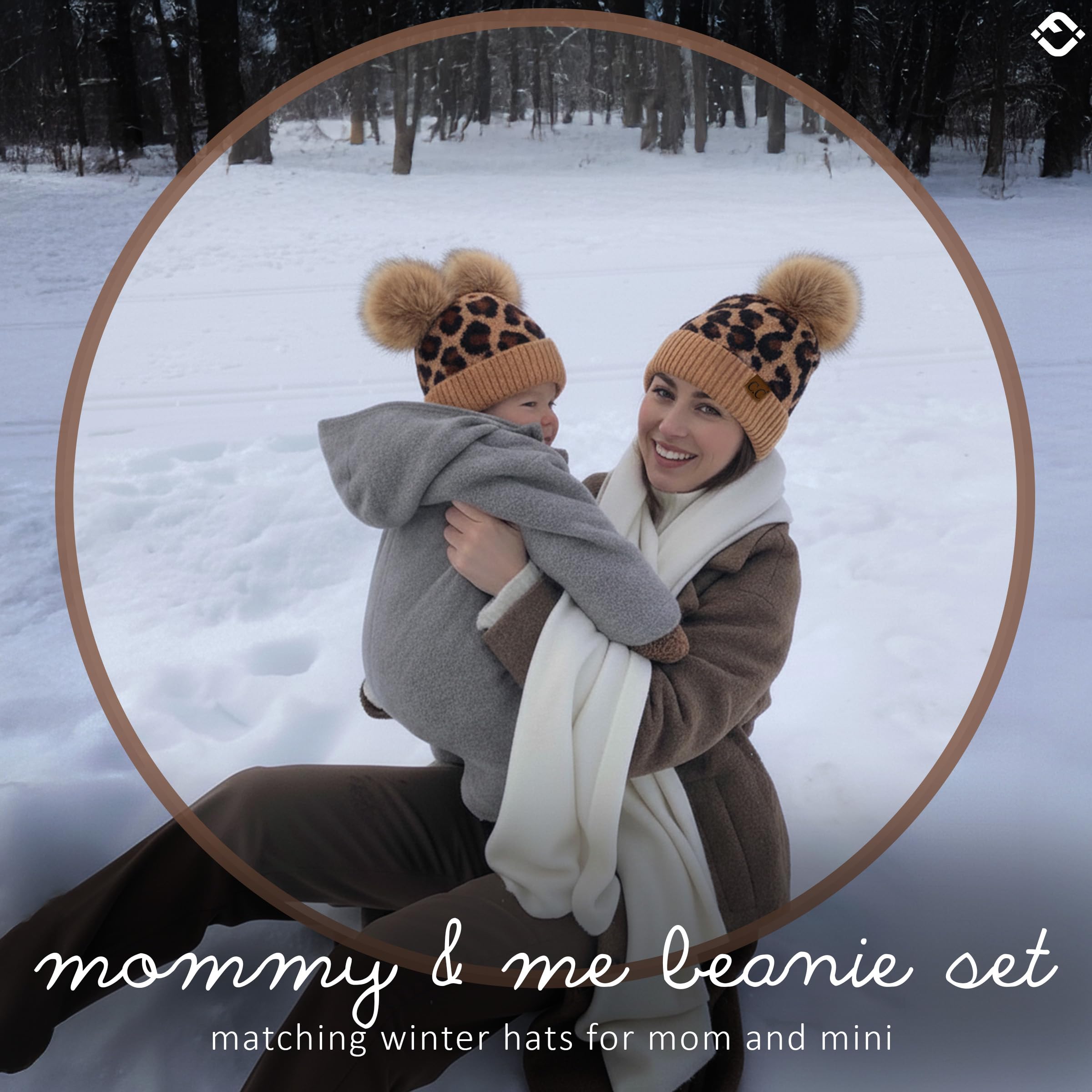 Funky Junque Gorros de invierno suaves y cálidos para adultos, a juego con pompones, Leopard Latte (paquete de 2) - 1 adulto, 1 bebé (0-12 meses), talla única