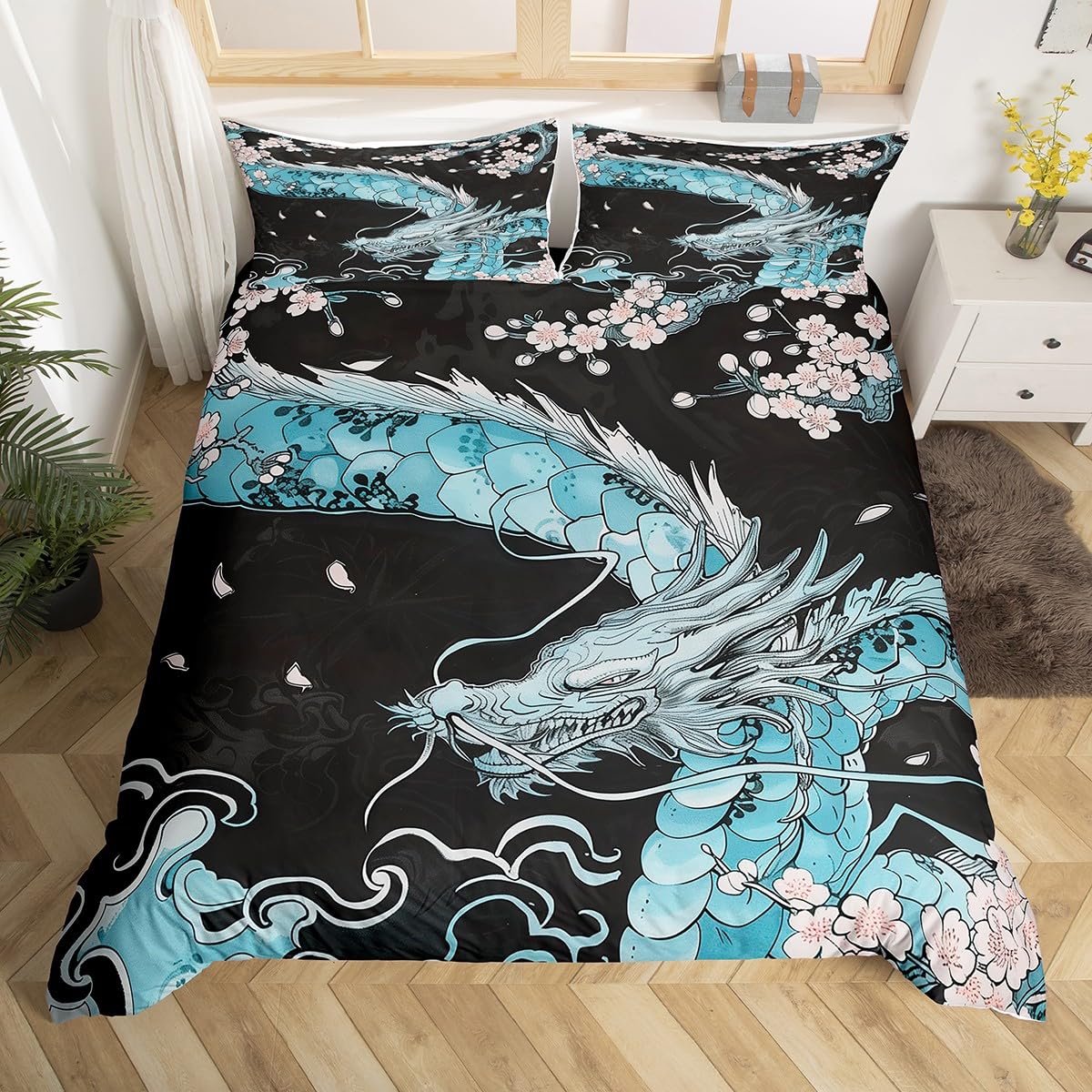 Homemissing Kids Dragon Bedding Set Double Size Boys Girls Loong Japanese Style Comforter Cover Set Cherry Blossoms Duvet Cover Japanese Ukiyoe Bedspread Cover (No Comforter) — image 1