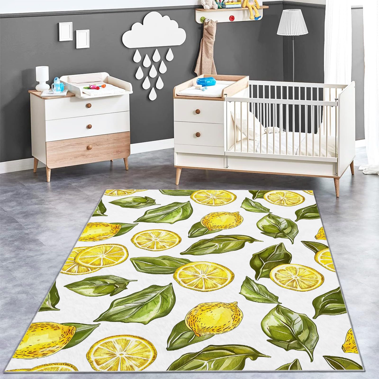 Generisch Teppich Wohnzimmer 120 x 170 cm Weiß Handgezeichneter Stil Zitronen Blätter 3D Fußmatte Jugendzimmer Esszimmer und Schlafzimmer Teppich Kurzflor Bodenmatte Extra Weich Pflegeleicht