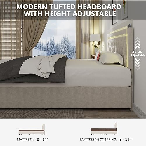 Miniatura 7 de Ucloveria Base de cama tamaño Queen con 4 cajones de almacenamiento, base de cama de plataforma con carga rápida, cabecera capitonada con botones