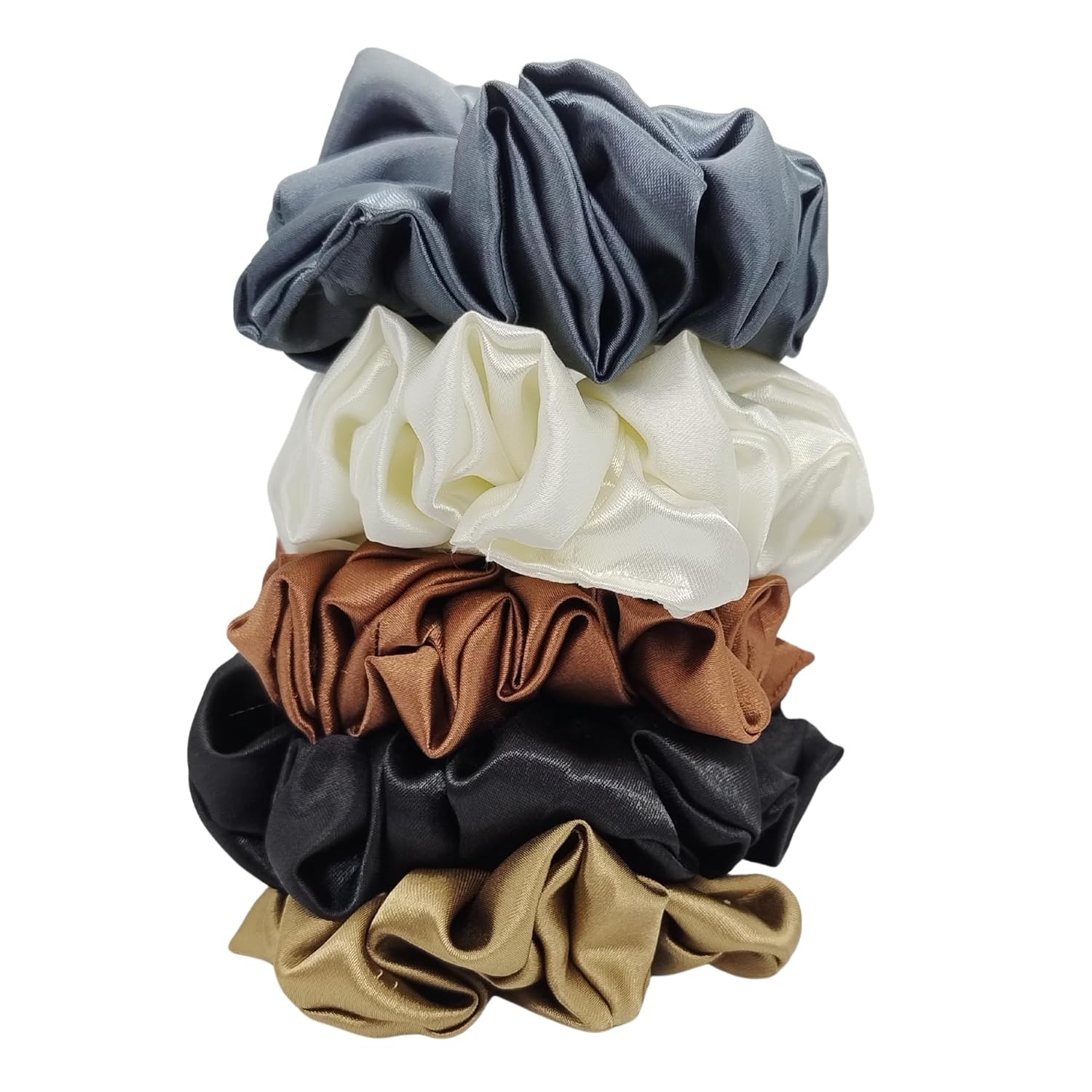 Crafty Glam Satin Scrunchies for Women Combo Pack of 5 – Medium Size Premium Silk Hair Bands for Ponytail, Hair Rubber Bands Stylish Scrunchy Set, Aesthetic Gift Hamper, Neutral Colours