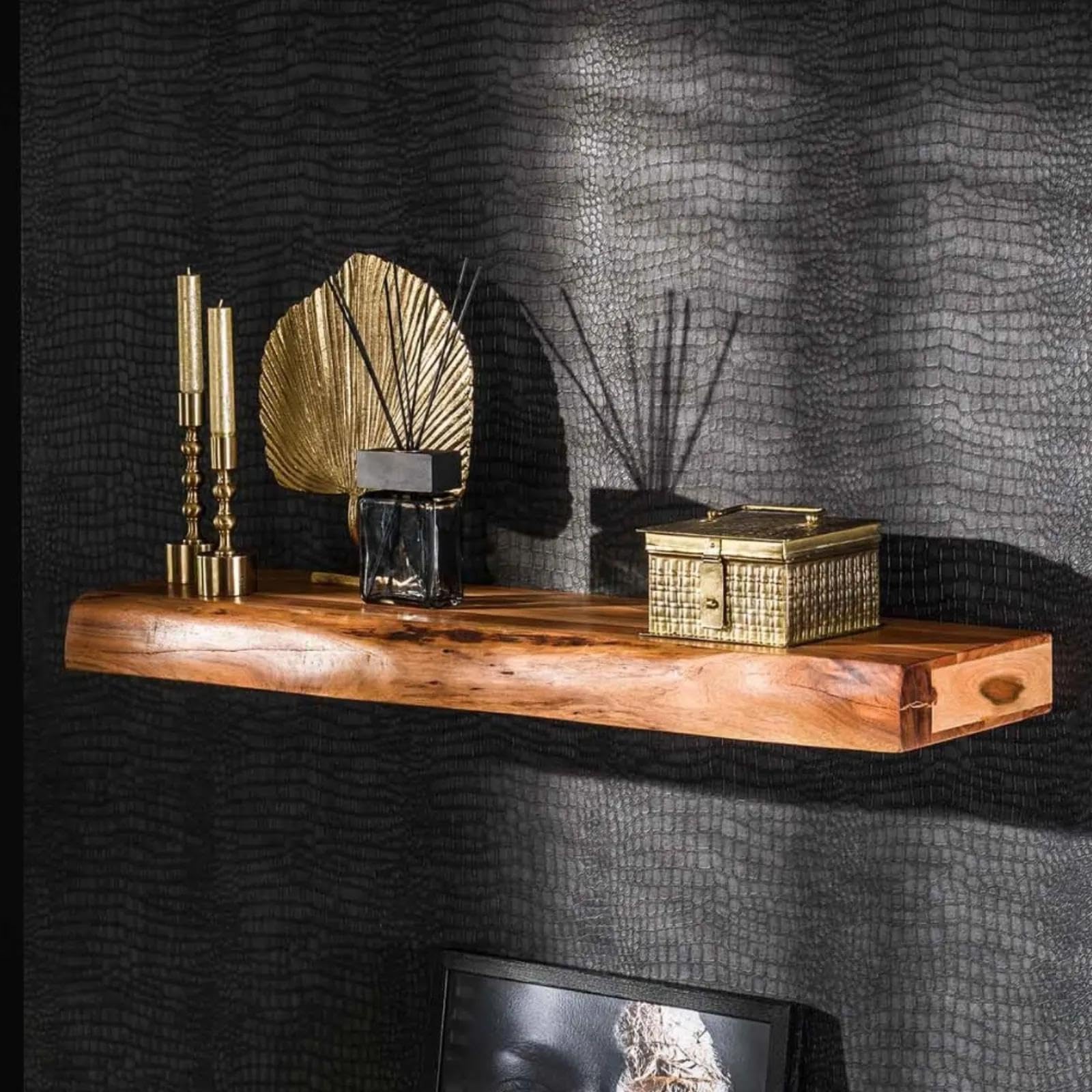 RINGO-Living Massivholz Schweberegal Baumkante in Natur-dunkel, Holzregal 100 cm breit, Echtholz Landhaus Wandregal aus Akazienholz, Massiv Schlichtes Holz, Natur Holzbrett Wand Küche, Haushalt & Wohnen