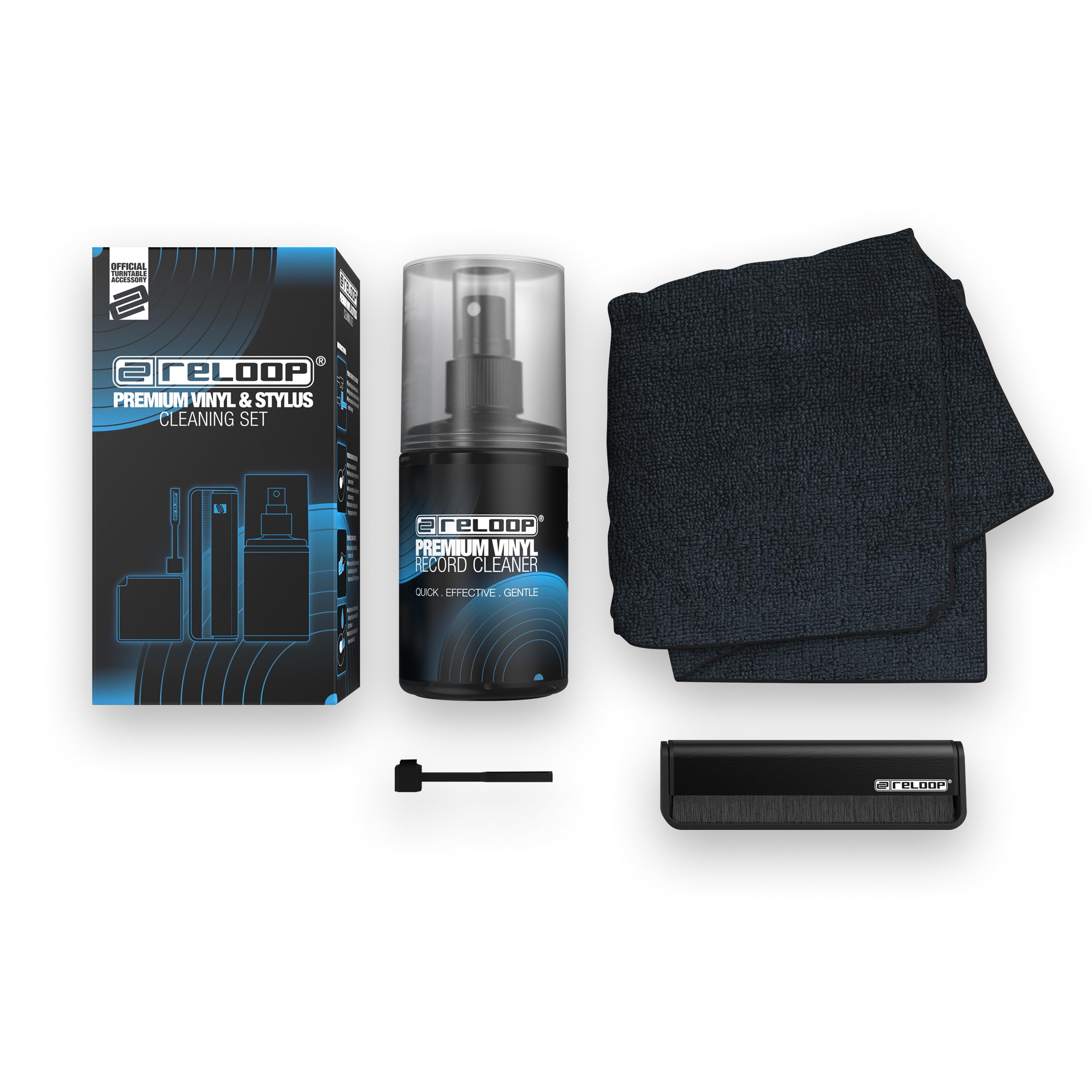 Reloop Premium Vinyl & Stylus Cleaning Set - Kit de Nettoyage Premium 4-en-1 pour Vinyles, CD et Cellules, avec Brosse en Fibre de Carbone et Spray 200 ML
