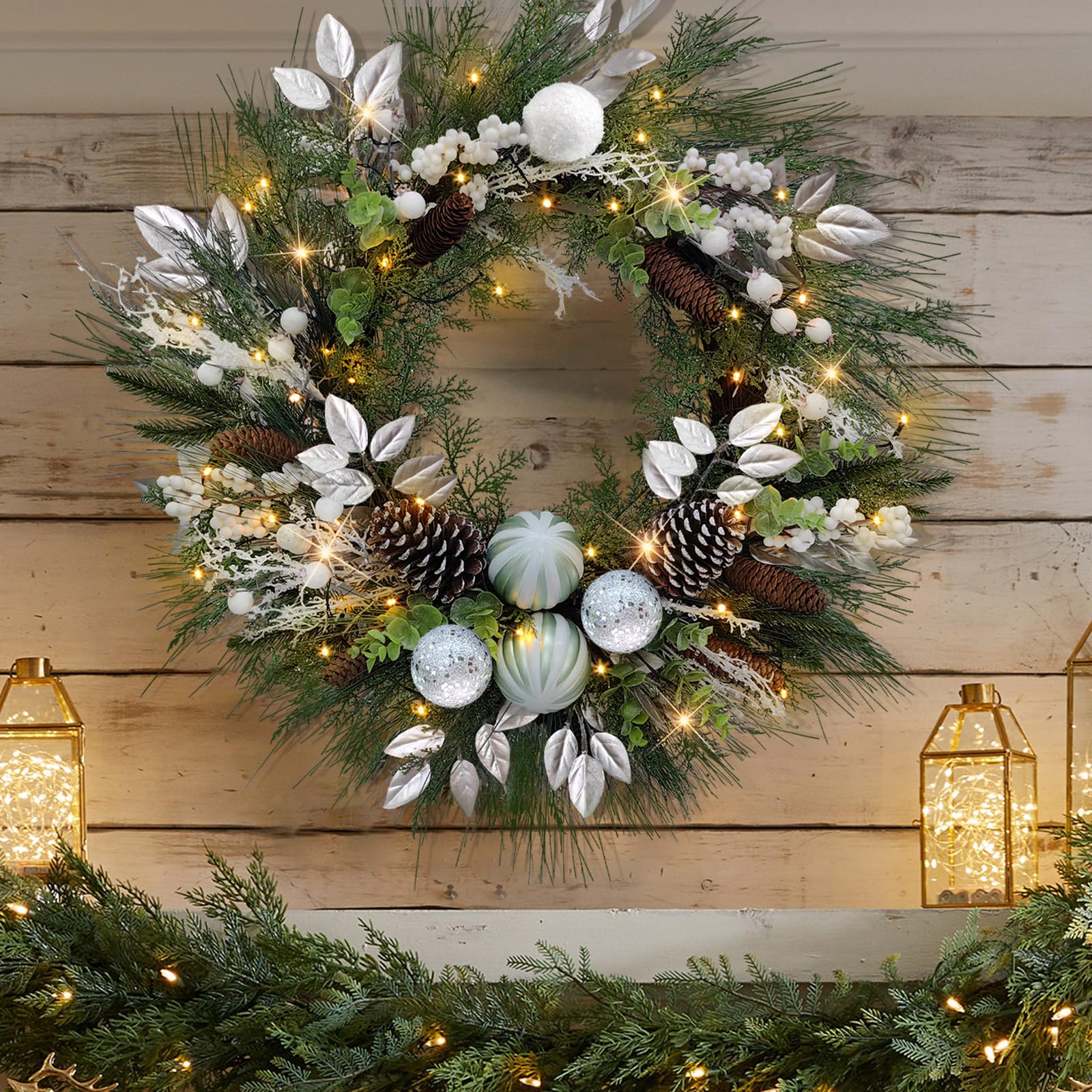 ( Diferent color ) 28’’ Pre-Lit Artificial Christmas Wreath, Silver Theme Battery Operated 35 LED Lights with Faux Greenery, Pine Cones, Silver Leaves, White Berries and Silver Ornaments