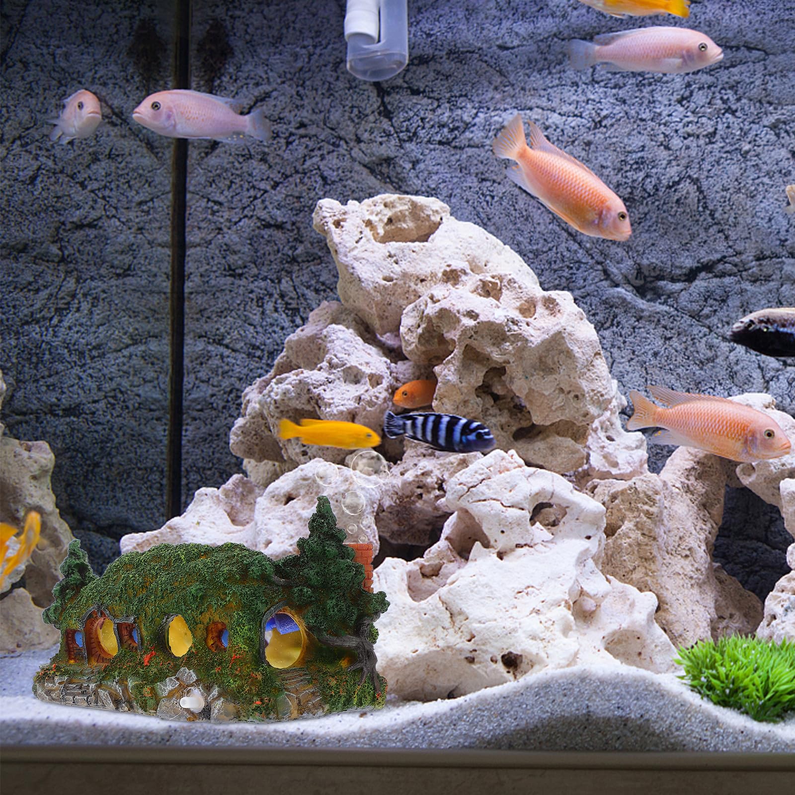 Decorazione Paesaggistica per Acquari Hobbit Casa in Resina Piccola, Ornamento Grotta Castello per Serbatoio d'Acqua, Sicura per Pesci e Adatta a Scenari Acquario