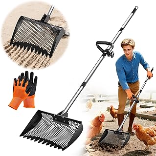12inch Chicken Poop Scooper & Rake 2-in-1, Heavy Duty Metal Chicken Coop Scoop for Sand with Ergonomic Grip, Adjustable Angle Stainless Steel Chicken Coop Rake Litter Sifting Shovel (37-64")