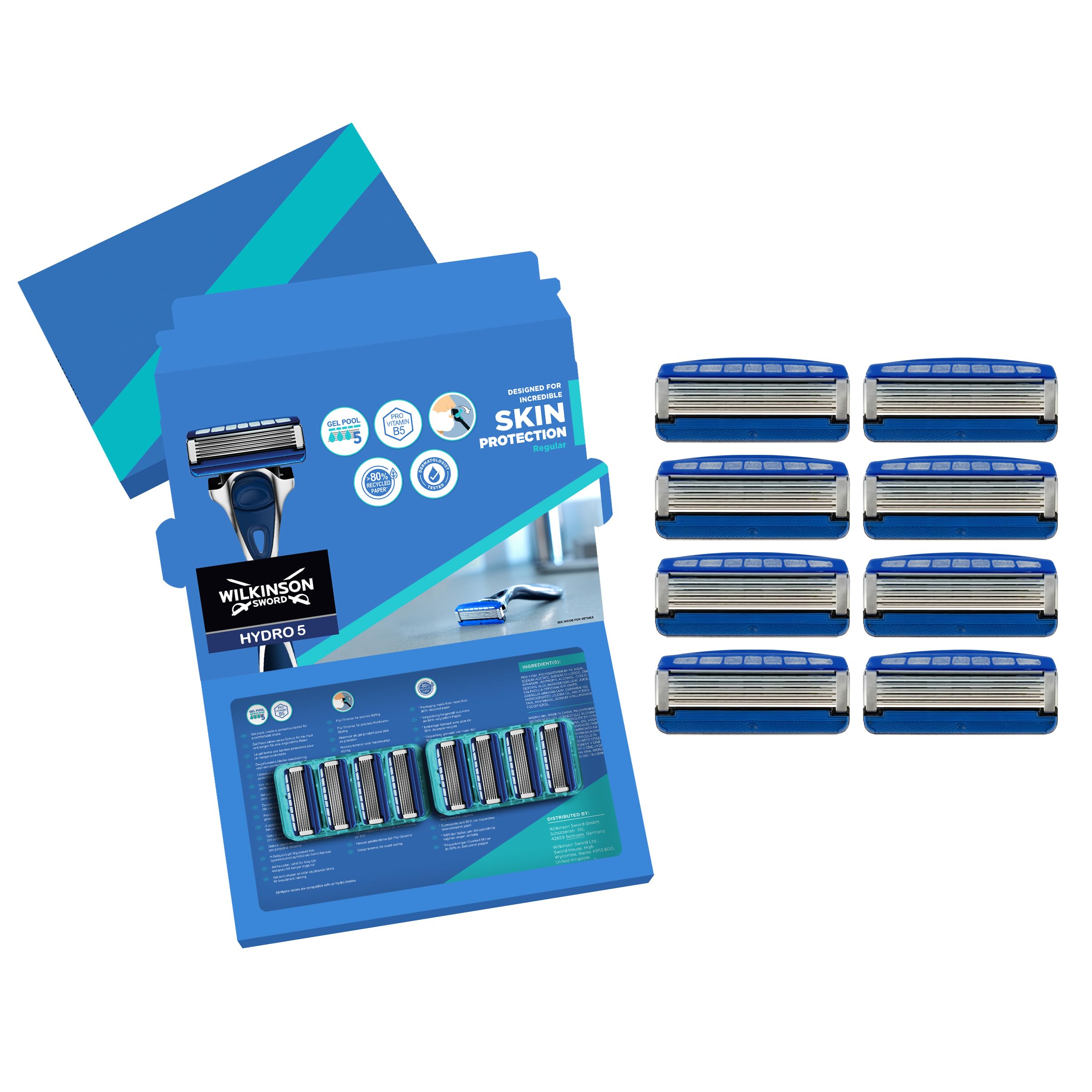WILKINSON SWORD - Hydro 5 Skin Protection For Men | Hydrating Gel and Precision Trimmer | Pack of 8 Razor Blade Refills