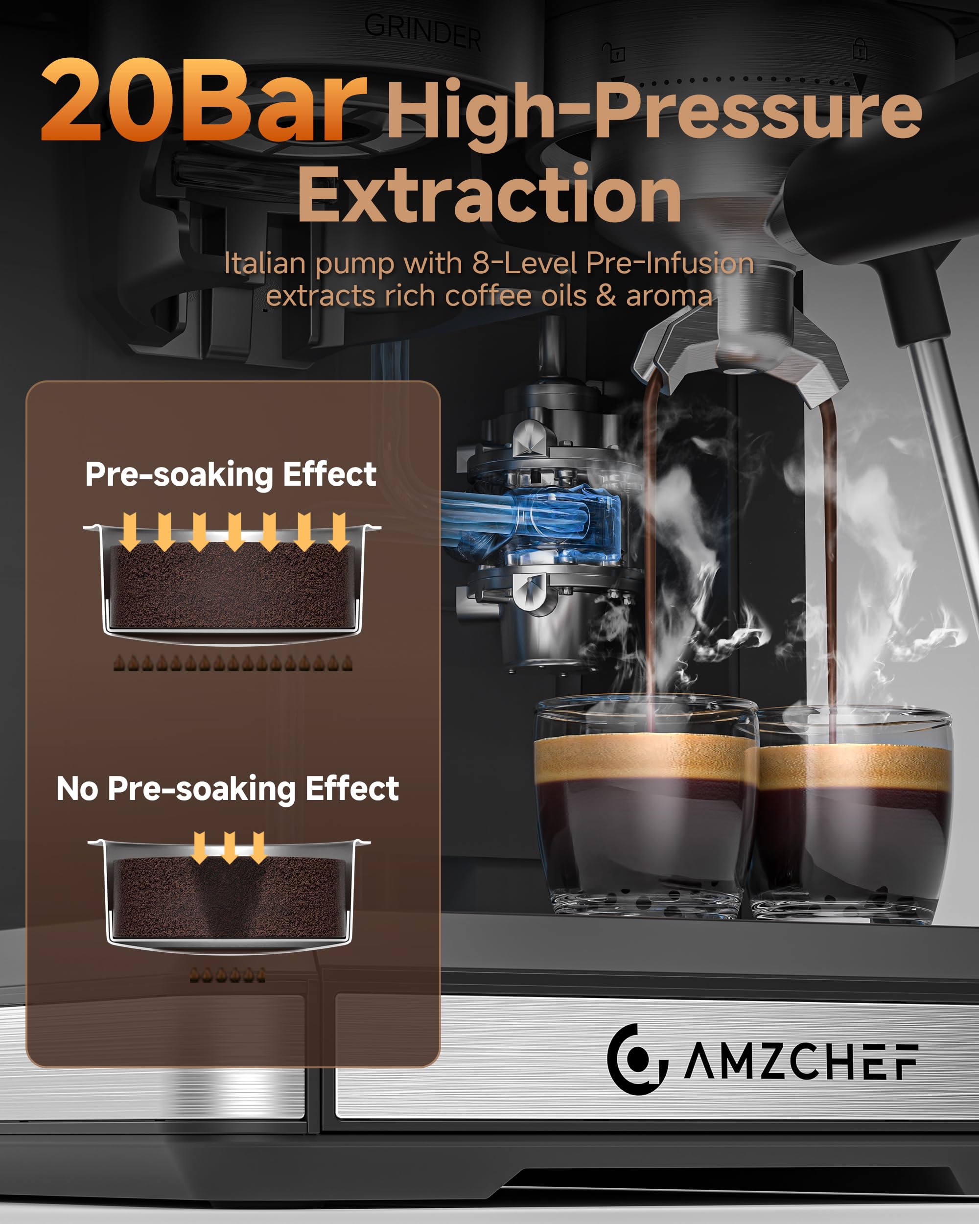 AMZCHEF Espresso Machine with 20 Bar Pressure, Integrated Grinder & 3-Temp Hot/Cold Brew | Versatile Coffee Machine with Milk Frother for Lattes/Cappuccinos, 61oz Water Tank, Black — view 2