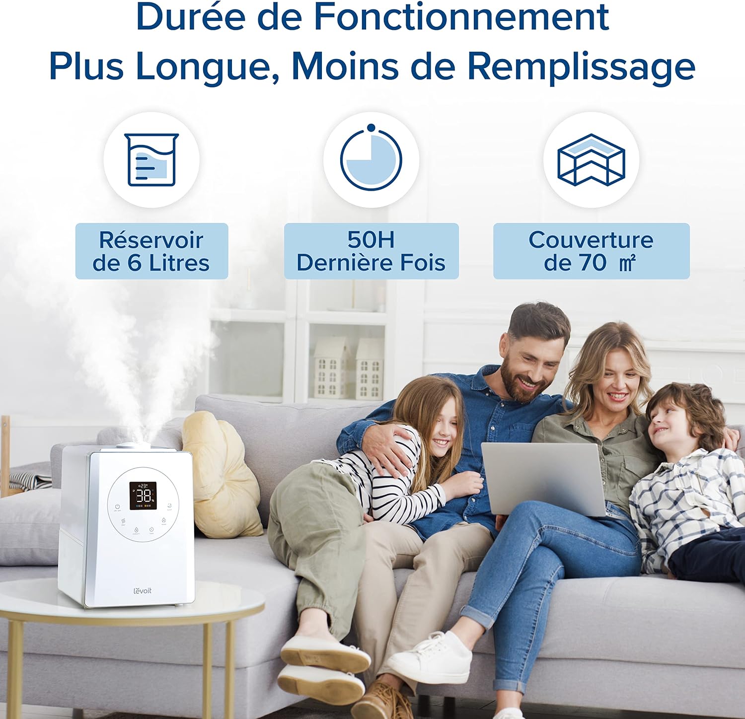 Levoit Humidificateur d'Air 6L Haut Remplissage, Intelligent WiFi Froid pour Bébé, 26dB Ultrasonique Silencieux, Jusqu'à 60 H pour Chambre de 40-70 ㎡ avec Capteur Minuterie, Blanc — vue 5