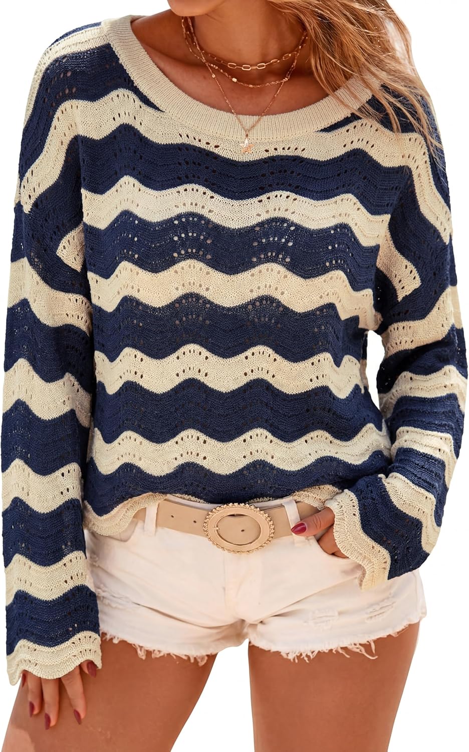 Arach&Cloz Women's Linen Blend Oversized Crochet Bell Sleeve Beach Vacation Striped Tops 2026