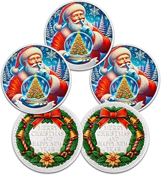 5 Pcs Santa Claus Christmas Coin | Merry Christmas Coin Set, Santa Claus Holding a Crystal Ball Design, New Year Holiday Gift for Family and Friends