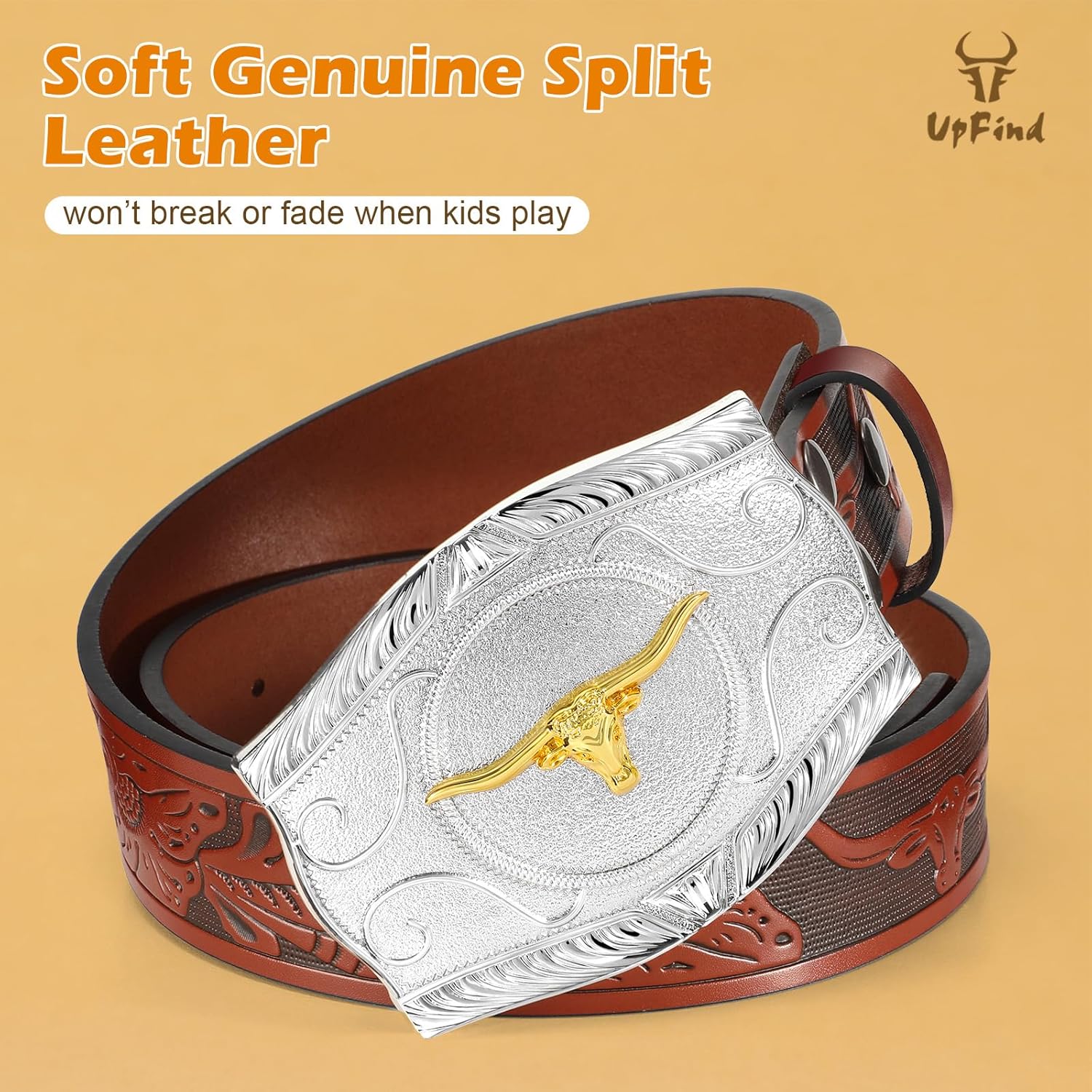 Kids Western Leather Belt for Boys Girls Youth Embossed Cowboy Belt with Silver Longhorn Buckle for Jeans 1.5" Wide - Image 5