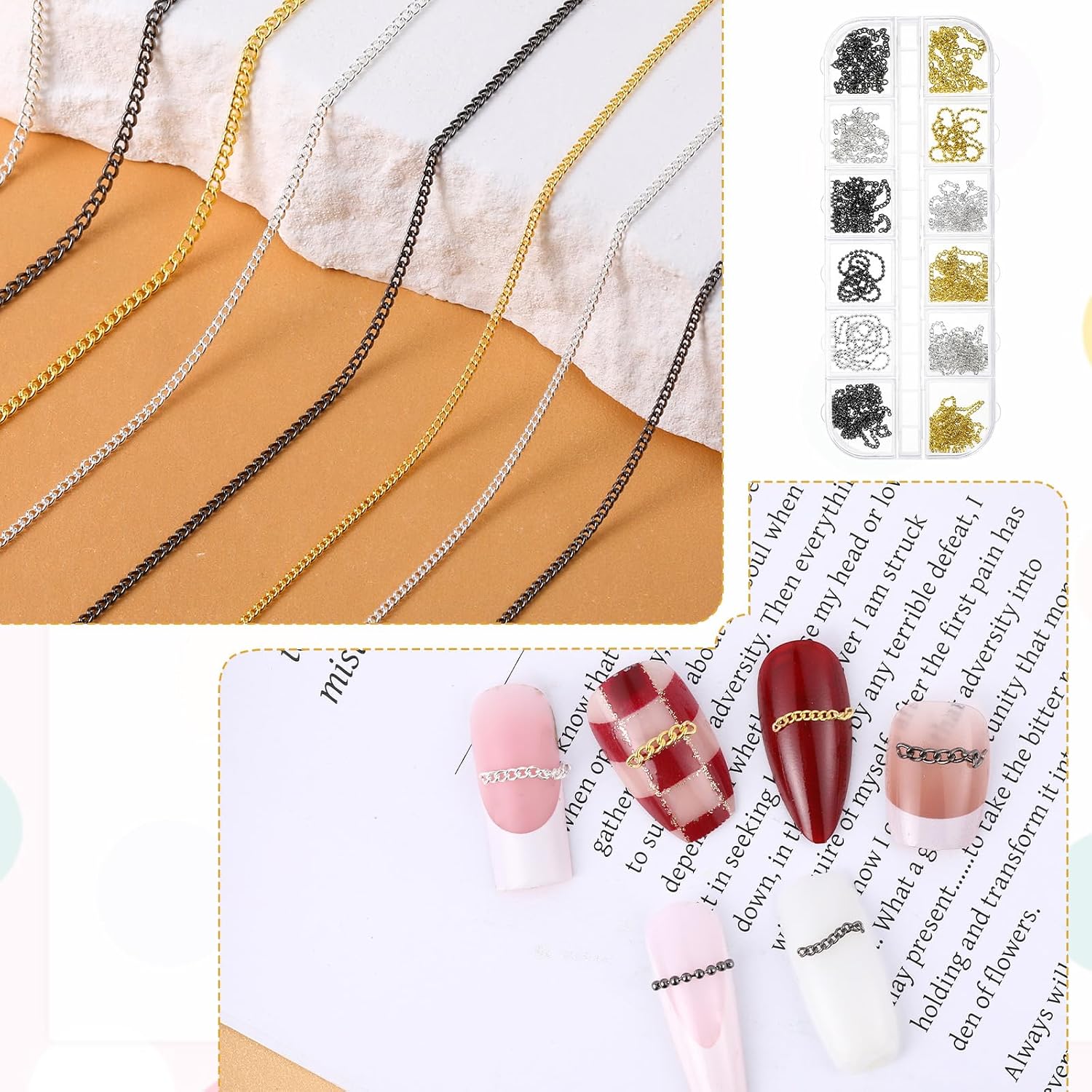 JJUNW 12 Pcs Strips Nail Chain Charms, Metal Nail-Art Chains, Line Nail Charms 3D Gold Silver Gray Nails Chains with Box for Manicure Decoration DIY