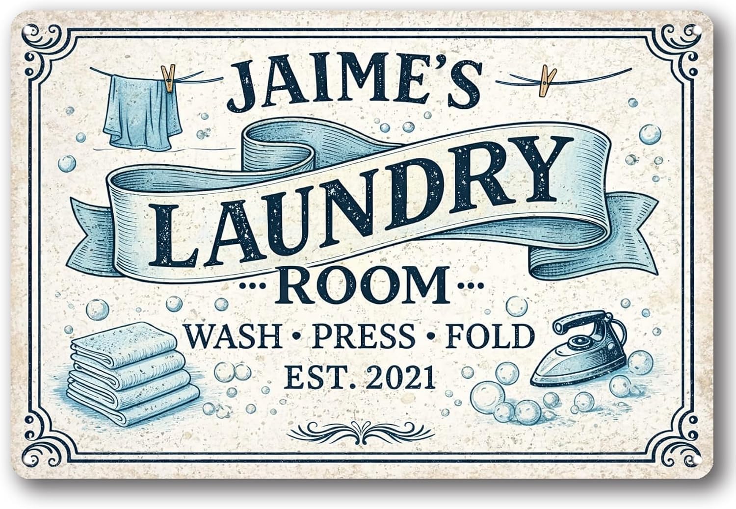 Personalized Vintage Distressed Look Laundry Wash Press Fold Metal Room Sign Customizable Sign