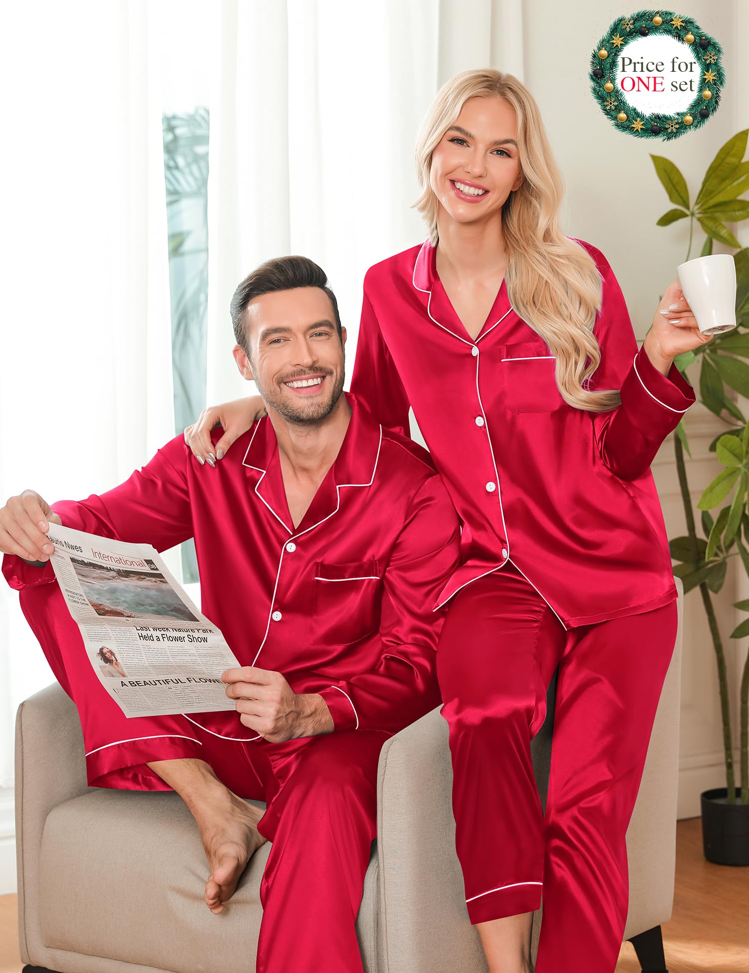 LecGee Pijama de satén de seda para mujer, de manga corta, ropa de dormir de dos piezas con botones