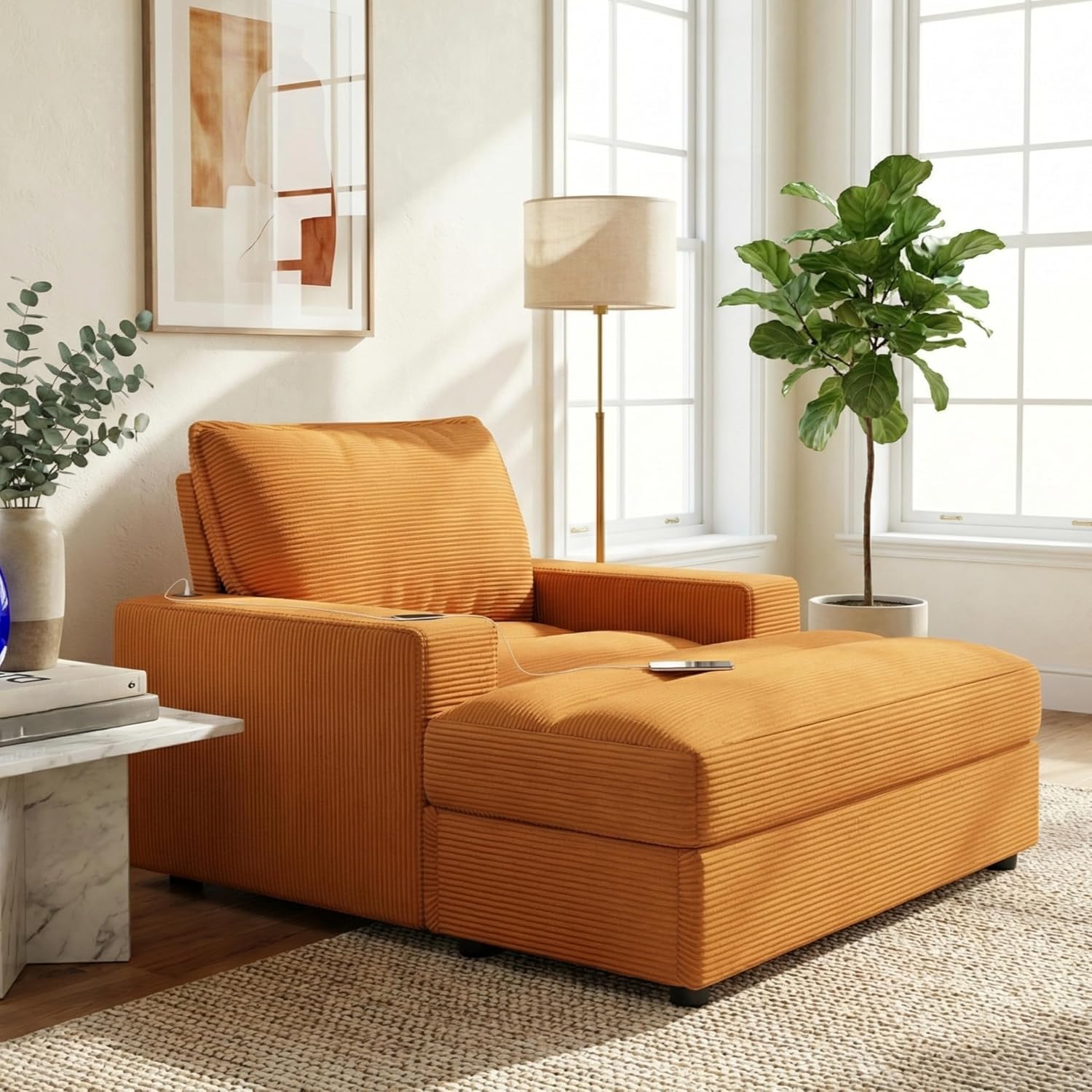 Merax 42.8" Oversized Chaise Lounge Chair with Storage Ottoman,Corduroy Sofa Bed with Cup Holders,USB Charging Port,Upholstered Sleeper Chair,Deep - Seat Reading Couch for Living Room,Bedroom,Yellow