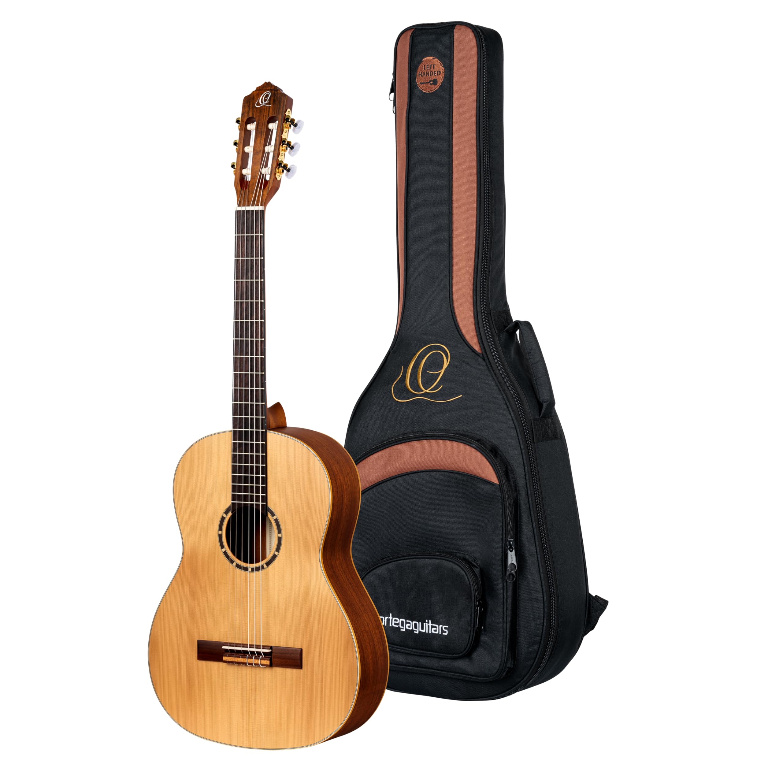 Ortega Guitars Konzert Gitarre Linkshänder – 4/4, Slim Neck – Family Series Pro – Inklusive Gig Bag – Massive Kanadische Rotzeder, Mahagoni, Natur (R131SN-L) | 4/4 Nylonsaitengitarre, massive kanadische Rotzederndecke und Mahagoni-Korpus Satin-Finish, sli