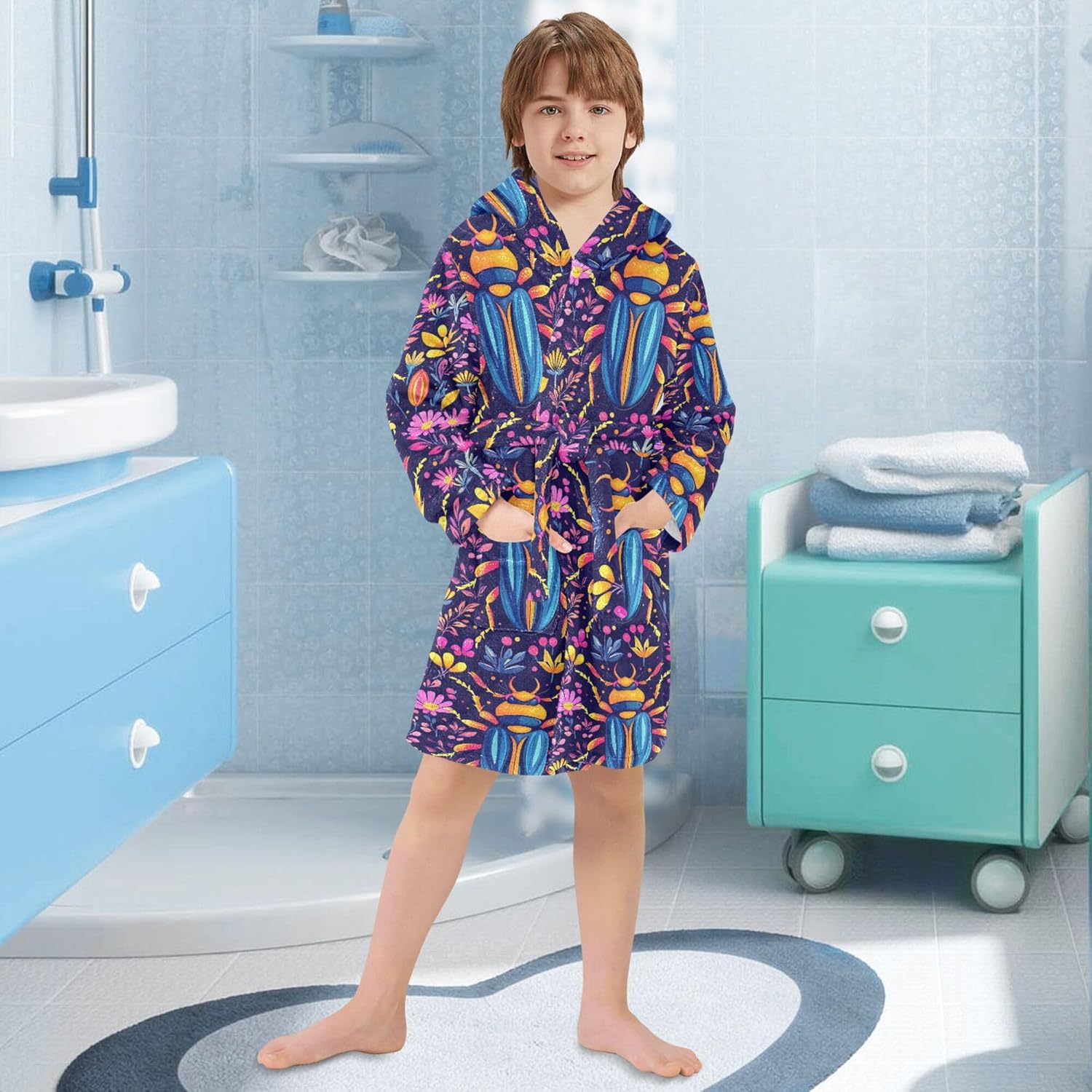 Cartoon Bug Beetle with Flowers Bathrobe Hooded PJ Robe Soft Fleece Robe Pajama Sleepwear 2-12 Years