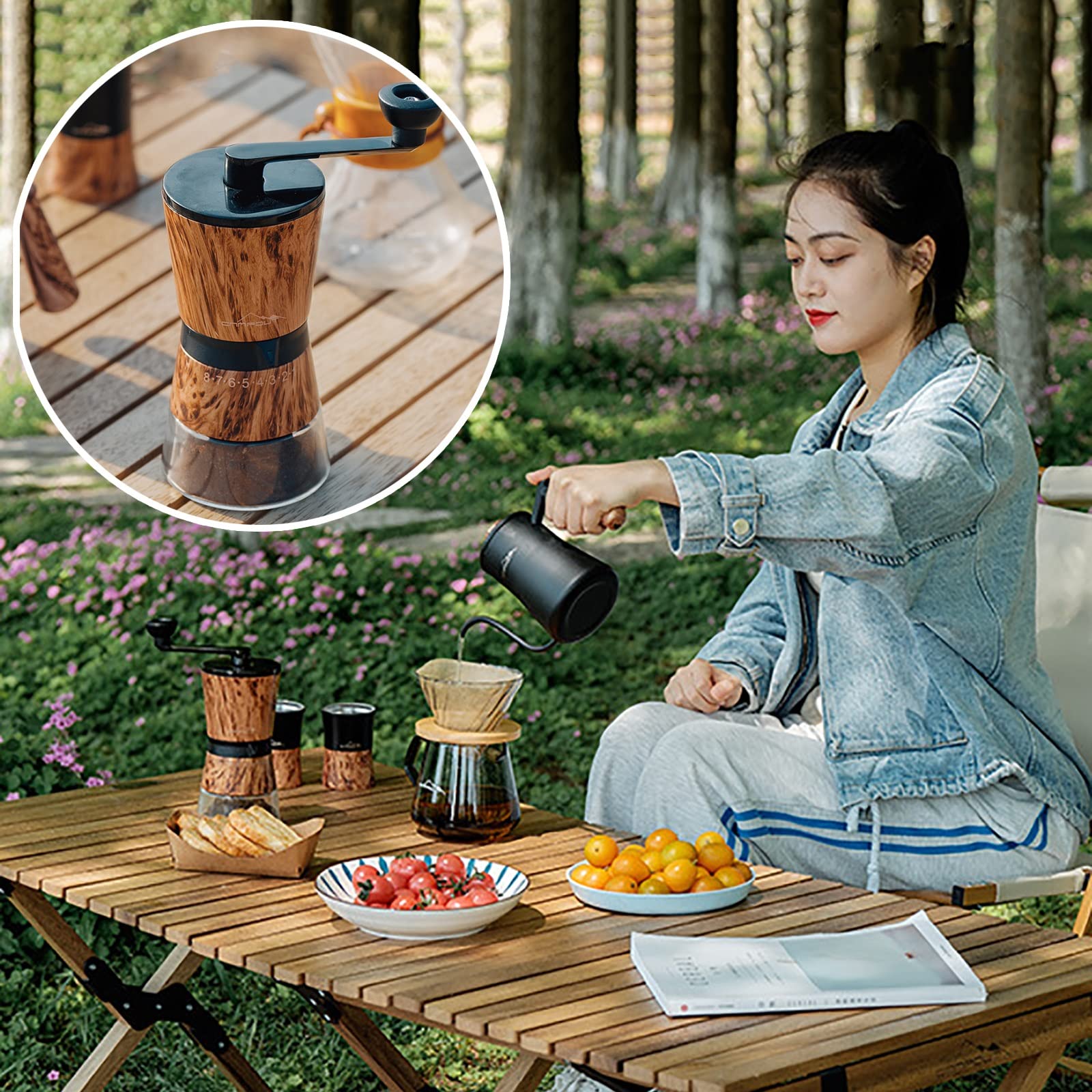 Juego De Cafetera De Vertido para Viajes/Camping/Senderismo, Taza Individual, Filtro De Café De Acero Inoxidable, Taza De Vidrio De Borosilicato, Molinillo Manual, En Casa/Oficina (Size : Sets)