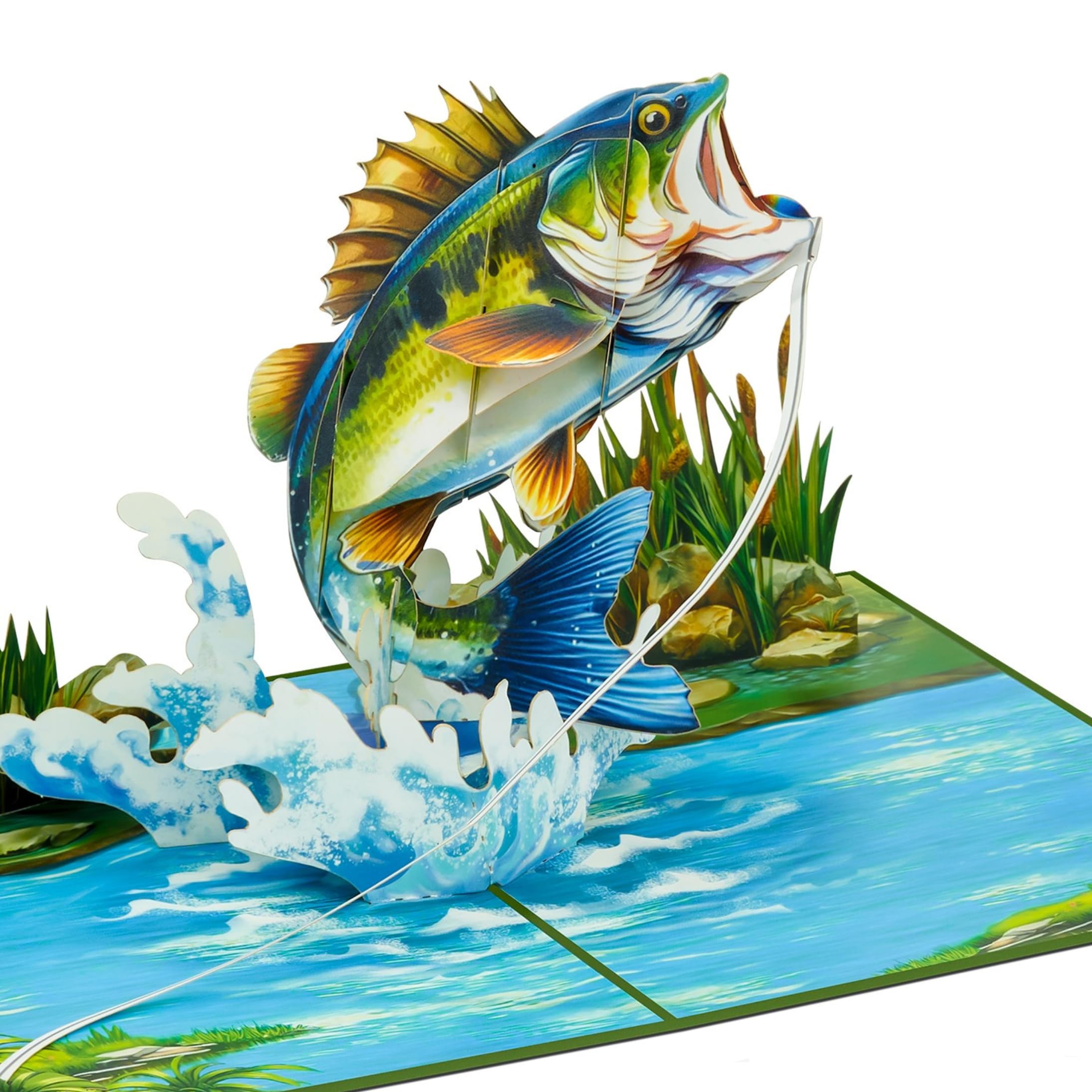 POPWOW Fishing Pop Up Card, Largemouth Bass, Fishing Basket, 3D Greeting Cards, Gift For Fathers Day, Retirement, Birthday, Dad, Father, Stepdad, 5x7