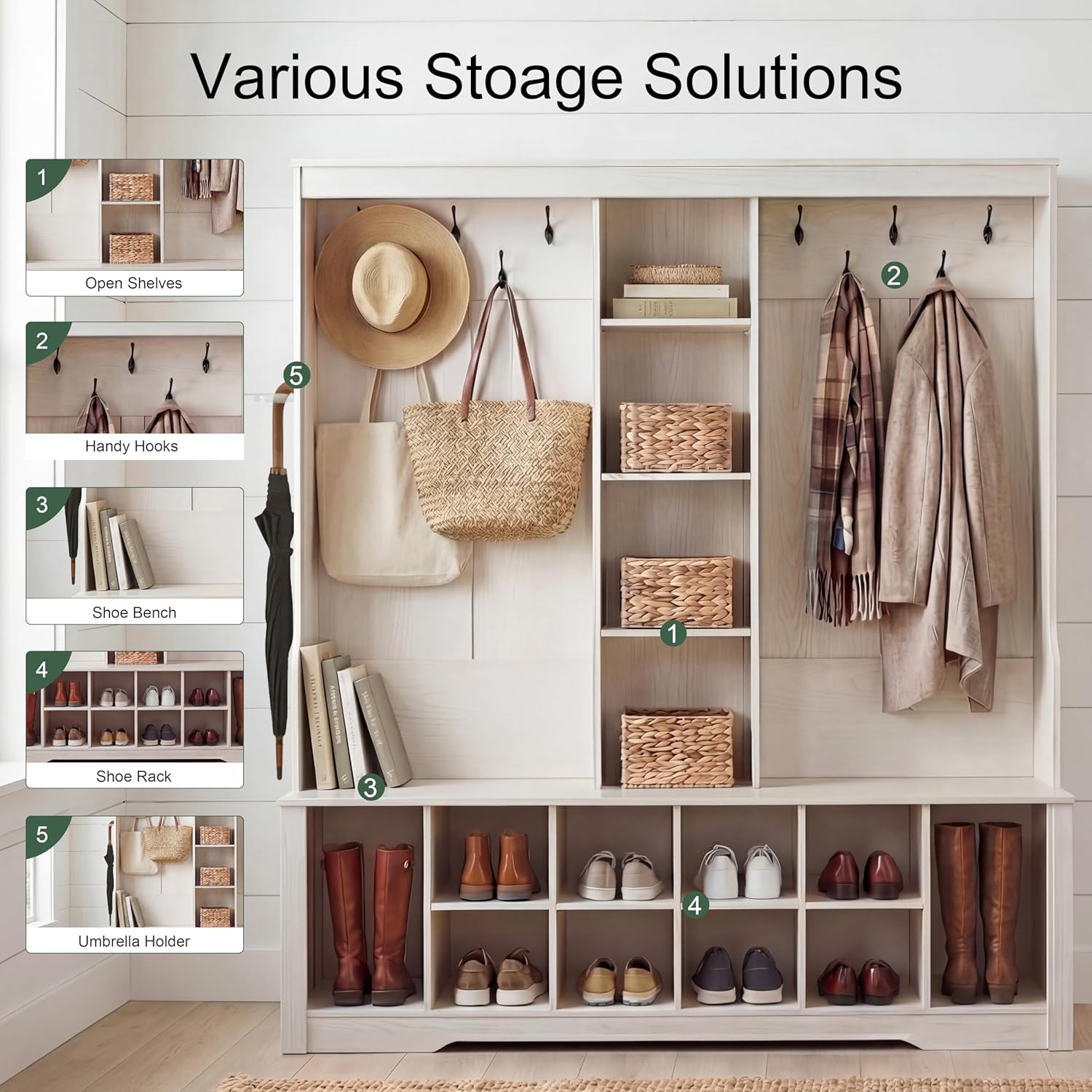 59” Hall Tree with Bench and Shoe Storage, Entryway Coat Rack with 10 Hooks & Open Shelves, Space Saving Hall Tree with 10 Shoe Cubbies for Hallway, Mudroom, Living Room