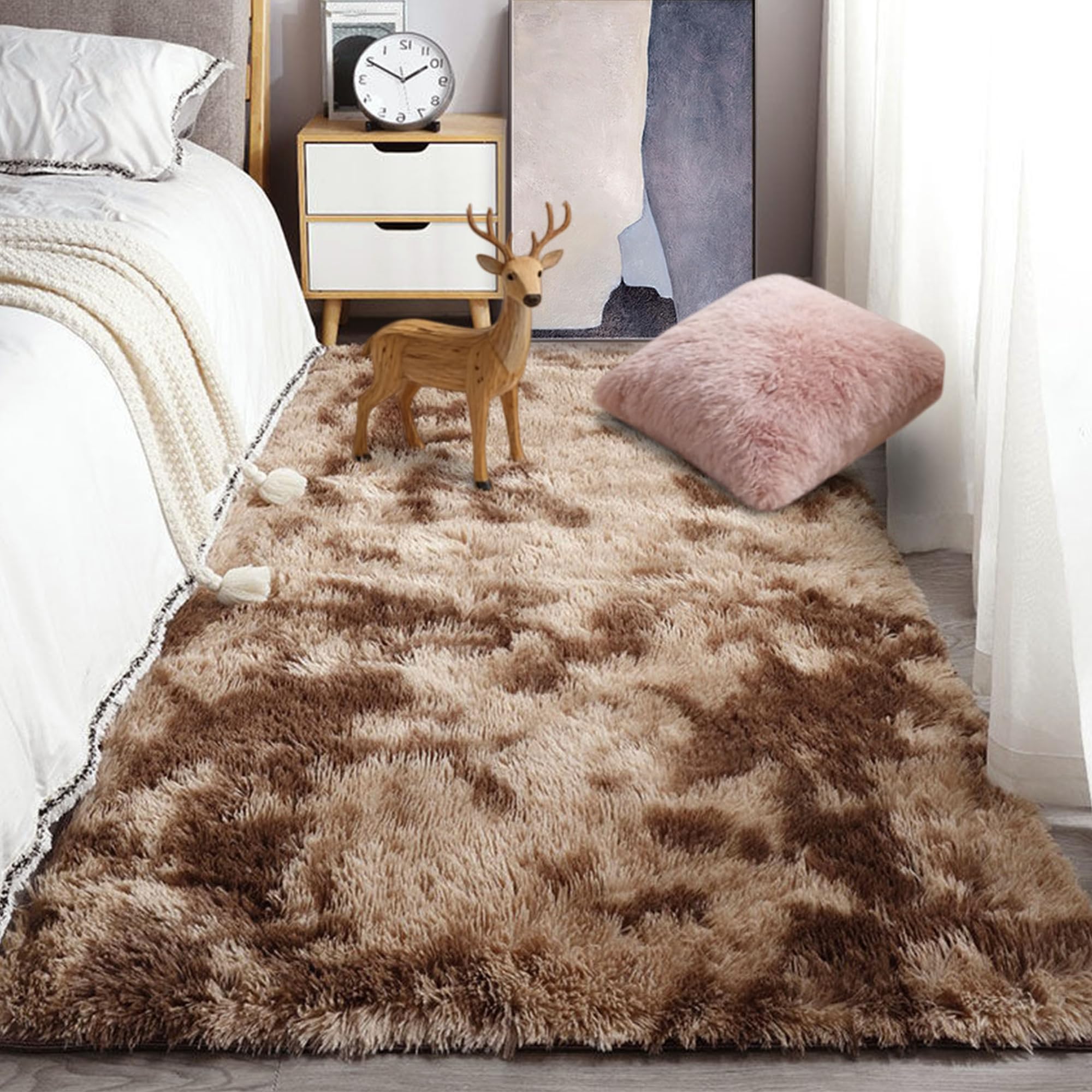 Tapis salon 120 x 140 cm marron créez un coin cocooning avec ce poil long