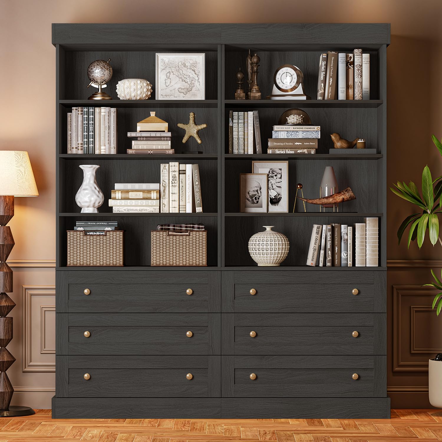 ivaniti 71" Tall Farmhouse Bookshelves, Black Large Bookcase with Adjustable Shelves, 3 Drawers Wooden Storage Cabinet for Living Room, Kitchen, Home Office, Dining Room, 2 Pcs Open Unit