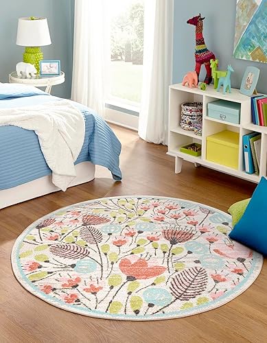 Unique Loom Whimsy Collection - Alfombra de área (redonda de 3 pies 3 pulgadas x 3 pies 3 pulgadas, marfilnegro)