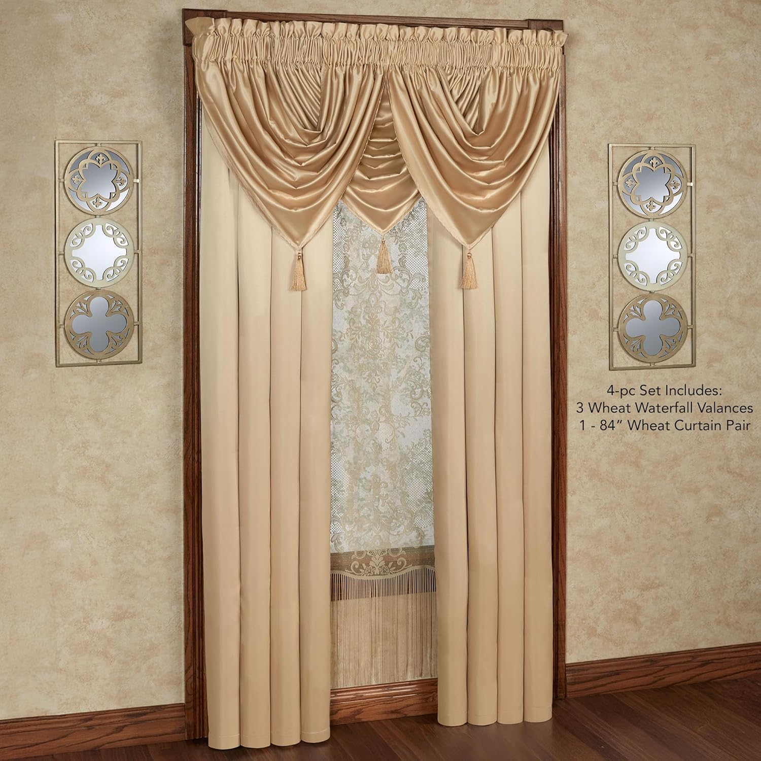 Cambridge Classic Luxury Window Treatment | Neutral Wheat | Lavish Solid Color Polyester Satin | Color Drench Window | Rod Pocket Drapery Set Includes 3 Waterfall Valances & 84L Lined Curtain Pair