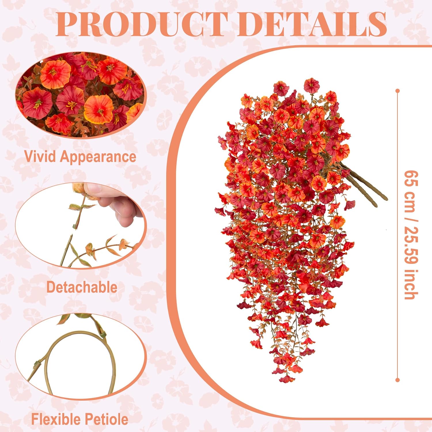 Artificial Fall Hanging Flowers for Decoration, 2pcs Long Vine Fake Flowers Plants Morning Glory, Realistic Faux Petunias for Planter Patio Porch Garden Autumn Outdoors Dec, Orange Red - Image 2