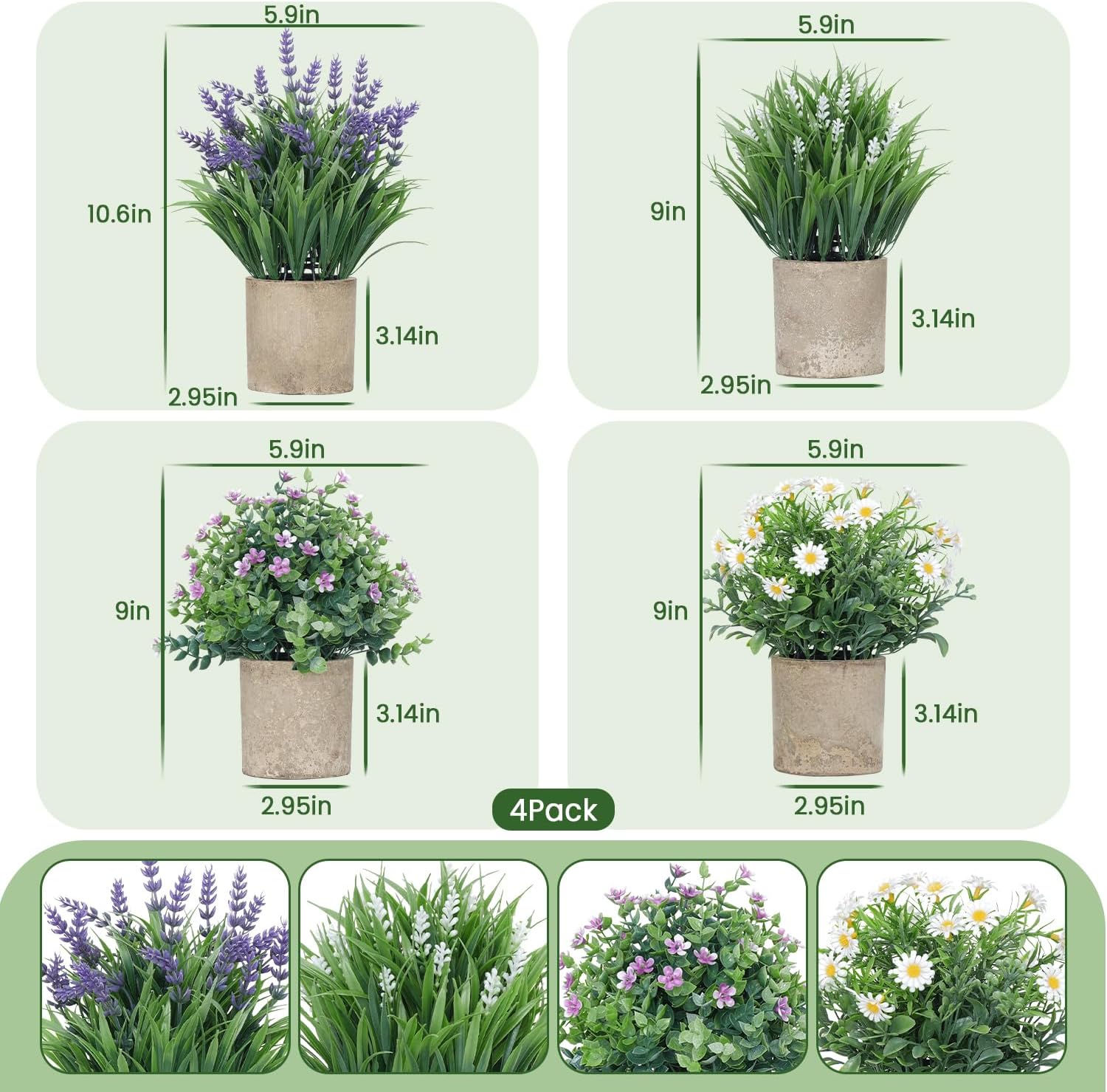 4 Pack Small Fake Plants, Artificial Eucalyptus Leaves with Flowers, Lavender & Daisy with Gray Paper Pulp Pots, Small Faux Potted Plant with Flowers for Home Decor, Indoor&Outdoor Decoration