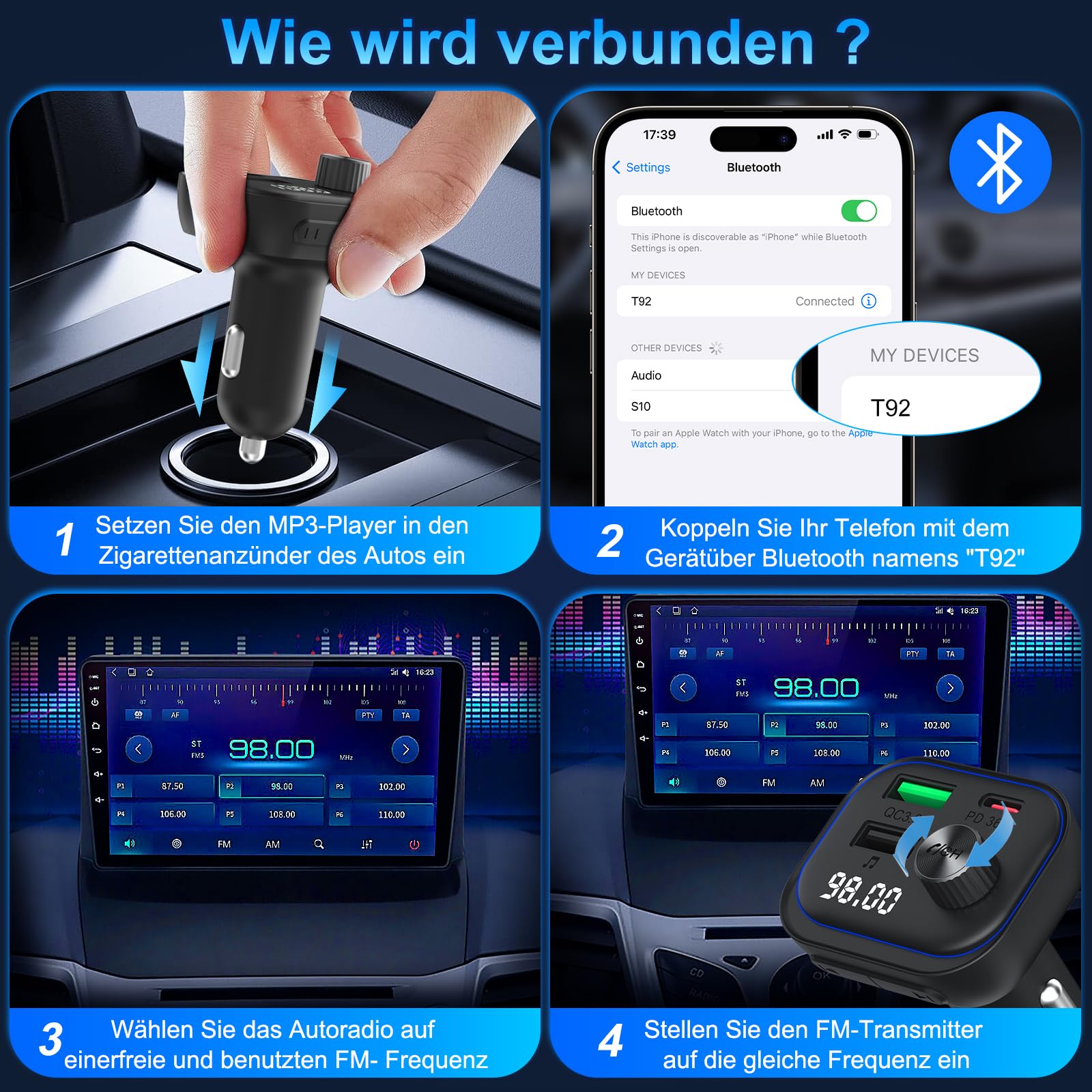 Bluetooth samochodowy nadajnik FM, adapter Bluetooth do zapalniczki samochodowej PD 36 W USB C, QC3.0 18 W, szybka ładowarka BT 5.3, HiFi, odtwarzacz muzyki, radio, zestaw głośnomówiący, obsługuje