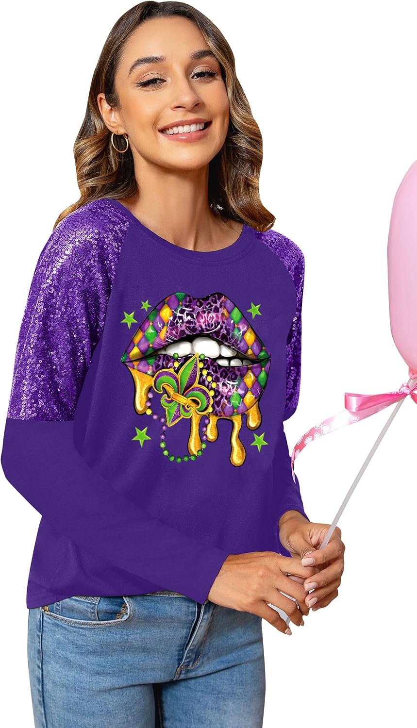 Mardi Shirts for Women Carnival Fat Tuesday Shirt New Orleans Party Mardi Outfit Gifts Sequin Long Sleeve Tee Top - Image 3