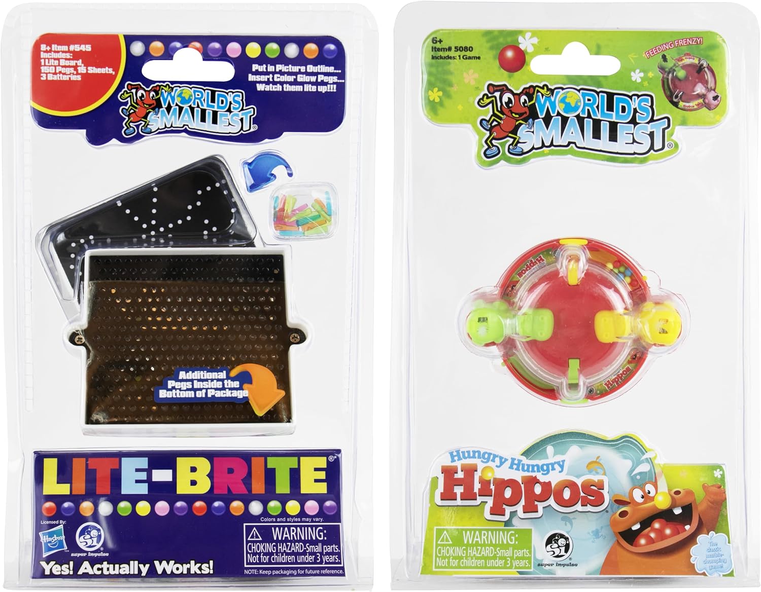 World's Smallest Lite-Brite & Hungry Hungry Hippos Mini Game Set of 2, Ages 8+