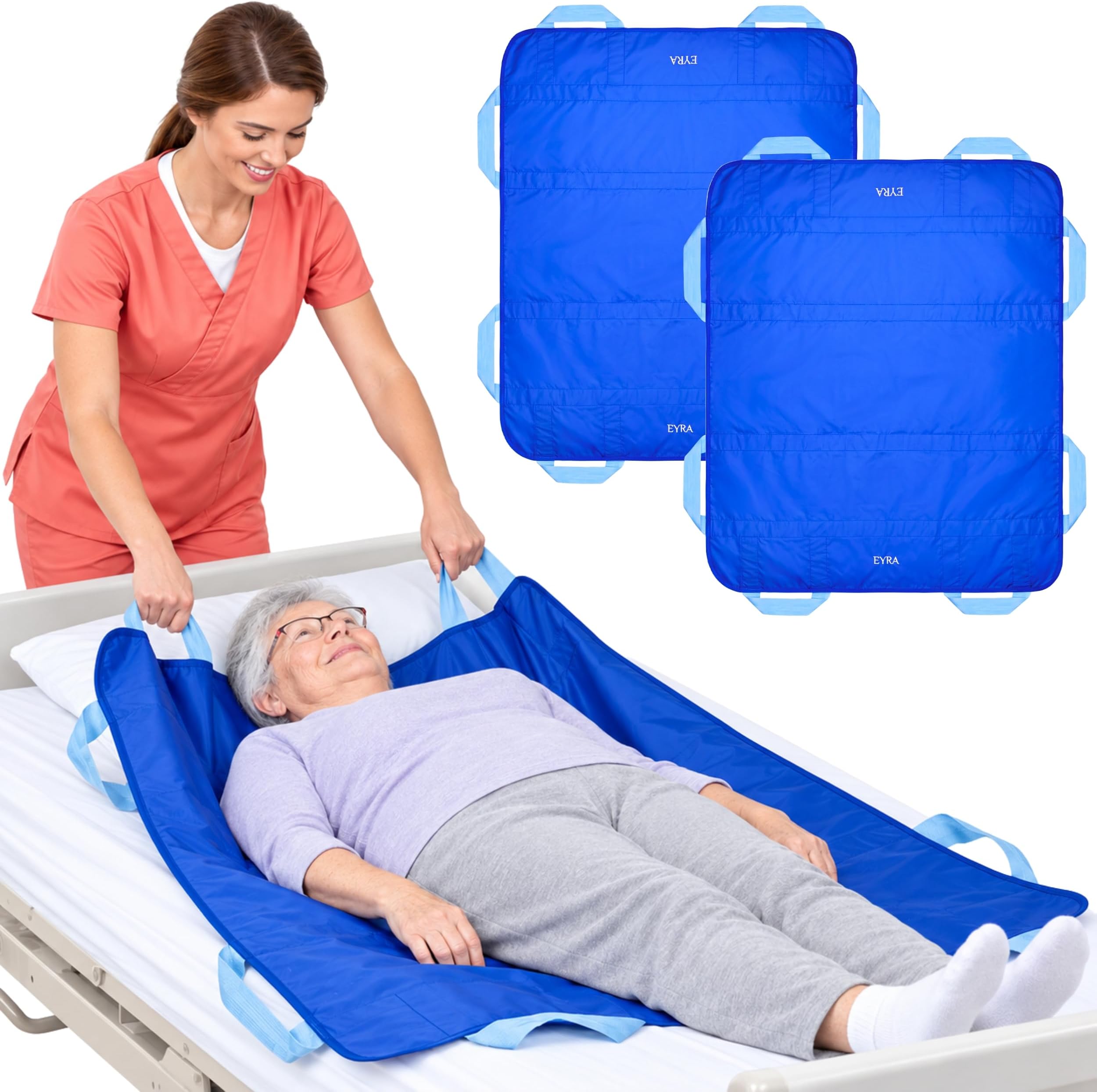 EYRA Pack of 2 Premium Positioning Bed Pads with 8 Reinforced Handles, 48” x 40” Patient Repositioning & Transfer Sheets for Elderly & Bedridden Care – Washable, Reusable, Hospital-Grade (Blue)