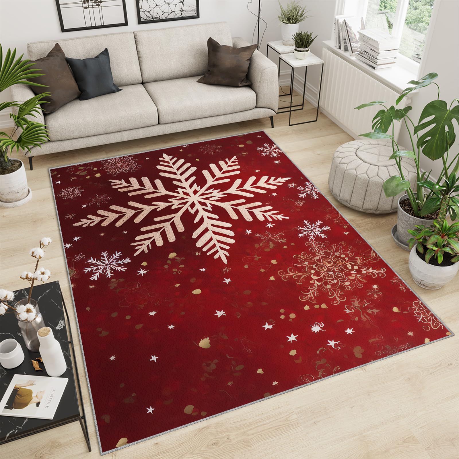 FIEMAR Area Rug 100x140cm Winter Christmas Snowflake Bathroom Rug, Red Xmas Snowflake Welcome Decor Doormat, Low-Profile Entrance Christmas Rugs Washable non Slip for Laundry Room Patio Playroom
