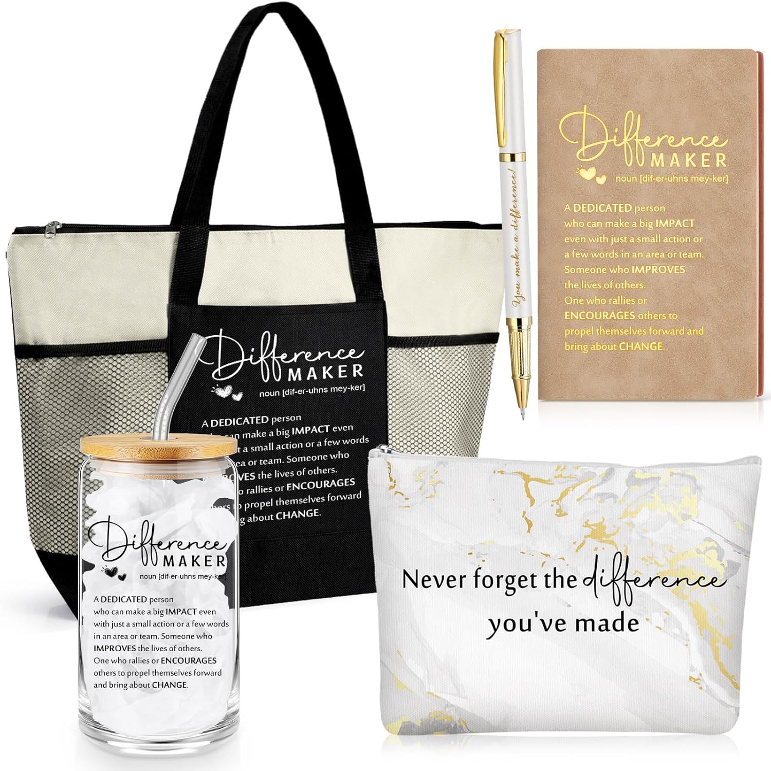 Meanplan 5 Pcs Difference Maker Gifts for Women Employee Appreciation Journal Tumbler Tote Bag Makeup Bag You Make a Difference Pen for Nurse Female Coworker Business(Khaki,Marble)